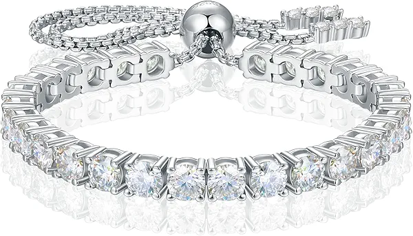 Moissanite Tennis Bracelet 1.52ct-7.76ct Adjustable Bracelet for Women 18K White Gold Plated S925 Sterling Silver Tennis Bracelet D Color VVS1 Round Cut 2/3/4mm Moissanite Bracelet Gifts for Wife/Mom