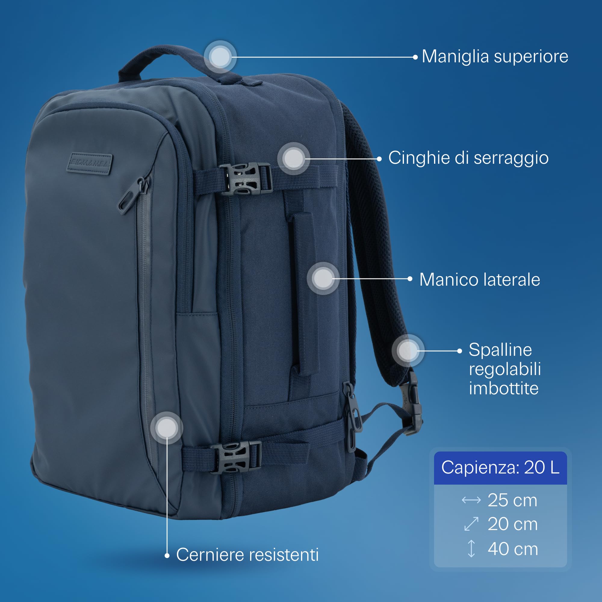 Zaino Bagaglio A Mano 40x20x25 Ryanair, Zaino Borsa 20L Voli Low Cost Easyjet - Blu Navy