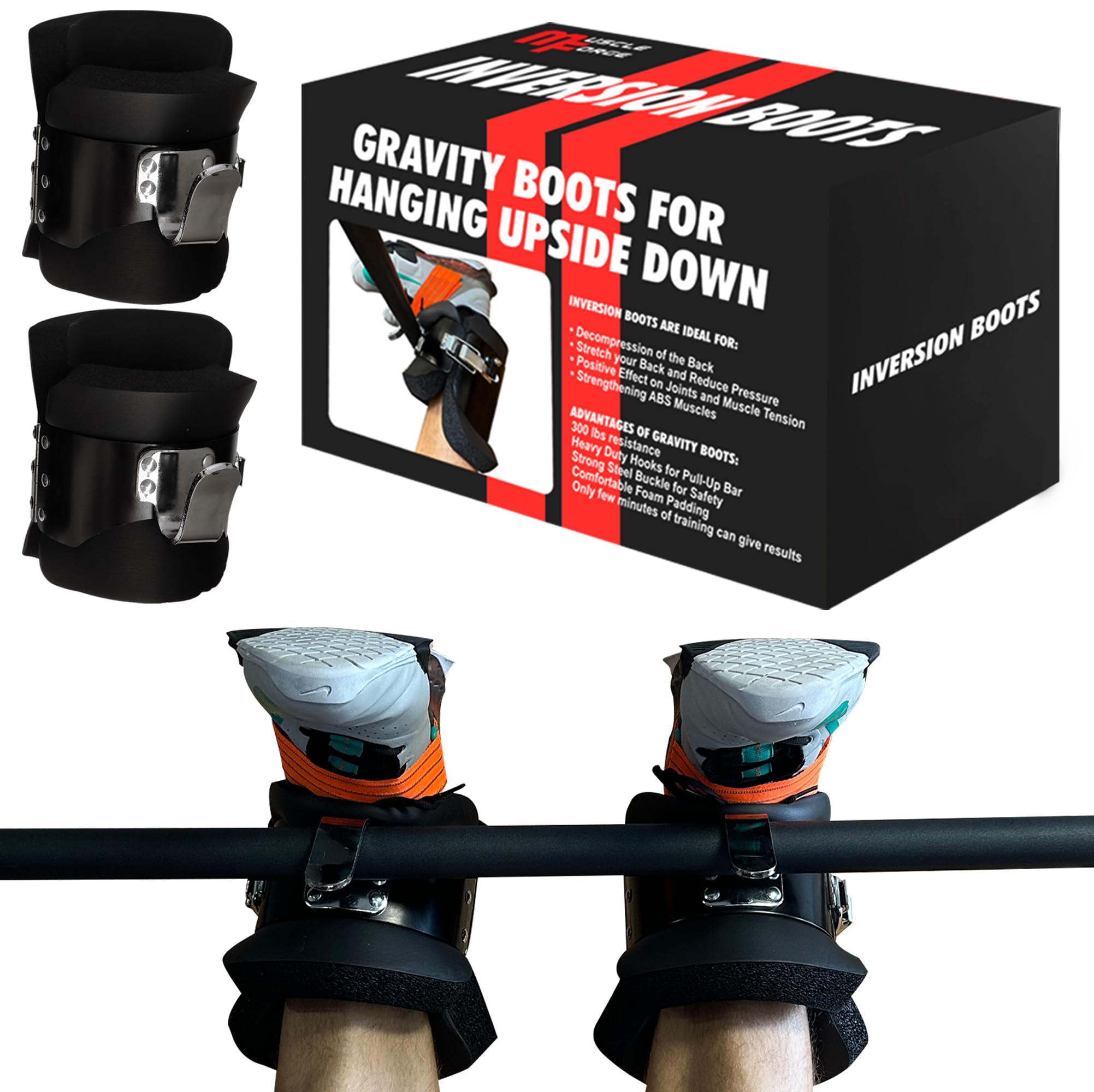 Gravity Boots – Bottes d’inversion pour barre de traction, 150 kg – Mousse 3 cm confort – Crochets acier sécurisés – Soulagement dos, étirement colonne, gainage abdos, ajustement universel
