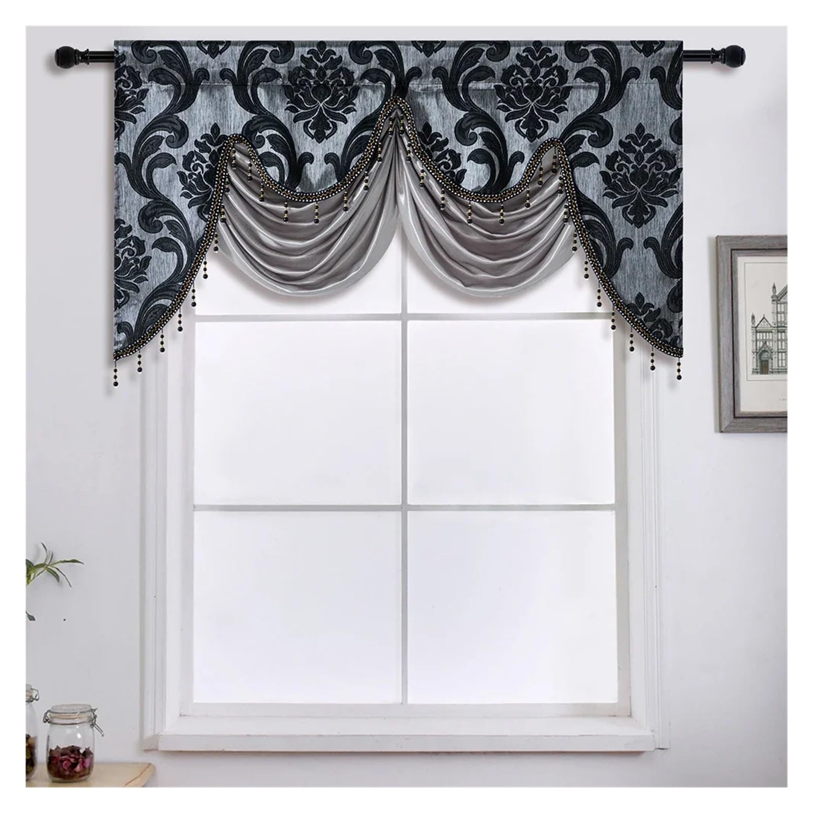 MFESFCS Swags For Windows Tassel Floral Window Valance For Living Room Luxury Jacquard Fabric Curtain Head Home Decor 1PC(Black)
