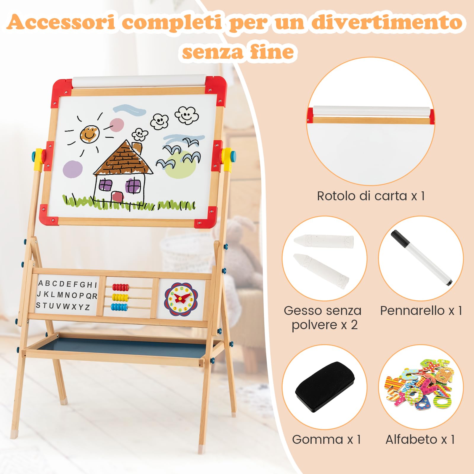 GYMAX Cavalletto Artistico in Legno per Bambini, Cavalletto per Pittura Bifacciale 3 in 1 con Lavagna, Lavagna Magnetica Girevole a 360°, Lettere Magnetiche, Abaco e Gomma, 62 x 45 x 118 cm