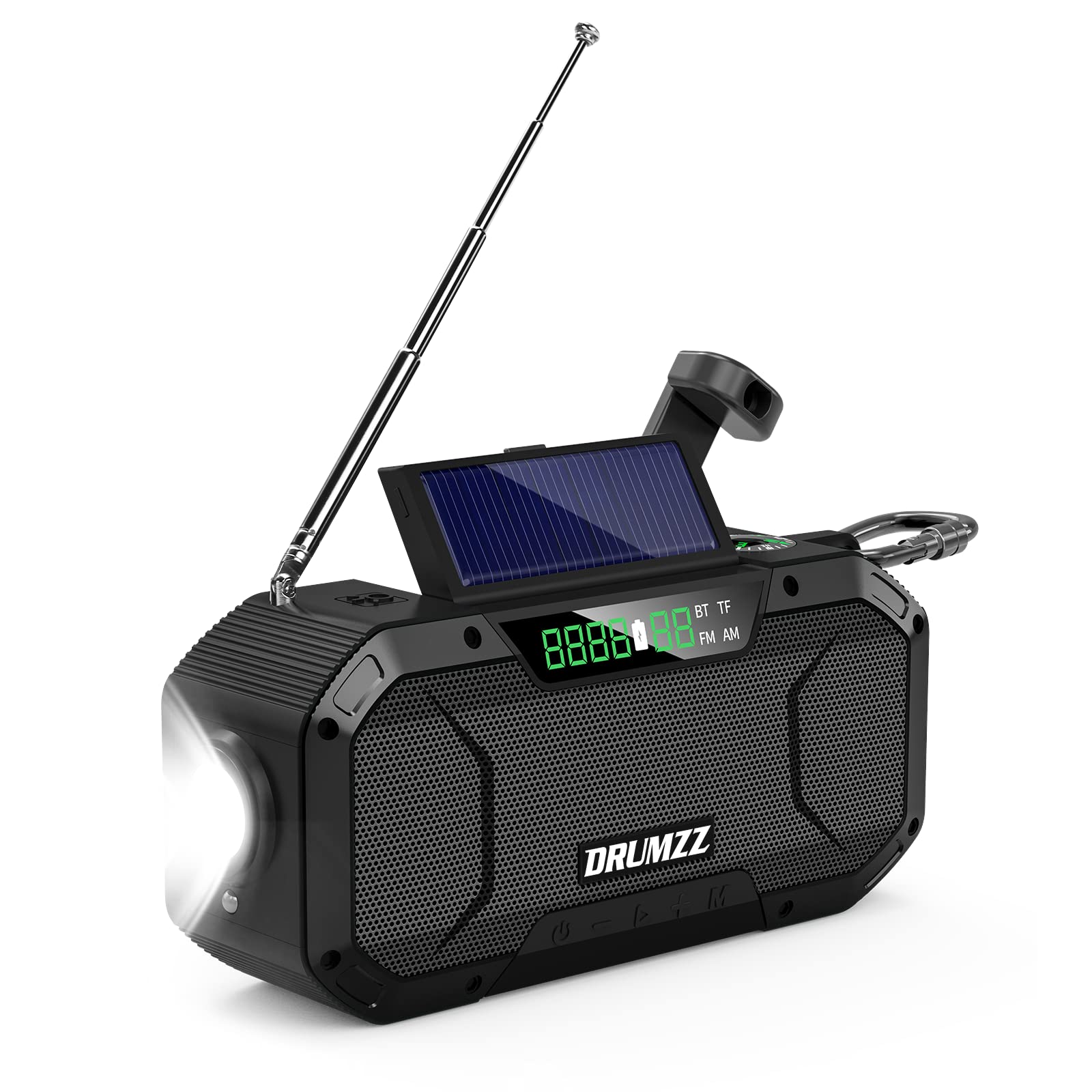 DRUMZZ Trek 400-Hand Crank Radio Bluetooth Speaker, IPX5, Solar Charging, Flashlight, Reading Lamp, 5000mAH Battery, Cell Phone Charger, SOS Alarm, Compass, LED Display, Drop & Dust Proof.(Black)