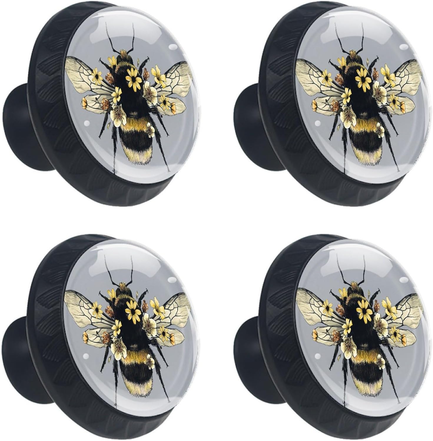 4 Pack Cabinet Knobs Cute Bee Glass Drawer Knobs Black Dresser Knobs Drawer Pulls Door Knobs Dresser Drawer Handles for Kitchen Wardrobe Cupboard Hardware Furniture