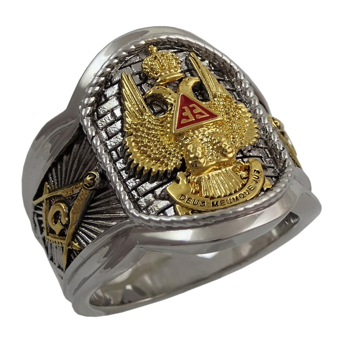 UNIQABLEMasonic Scottish Rite 33 Degree Ring 18K Gold Pld White Version 22 Grams Templar Handmade BR-23