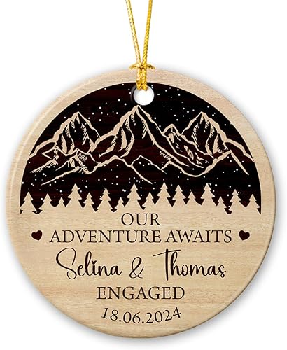 Miniatura 1 de Adorno de cerámica con texto en inglés "Our Adventure Awaits Engaged", adorno personalizado para la primera Navidad 2023, recuerdo de pareja de