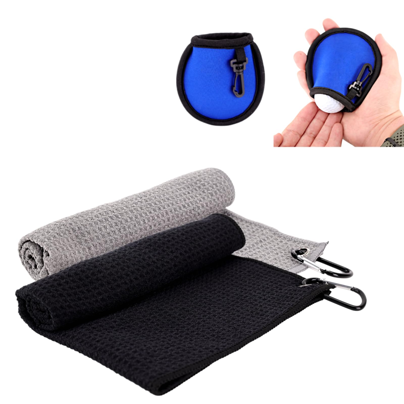 Golf Towel Microfiber Towels (15.7" x 15.7") with Carabiner Clip and Golf Ball Cleaner Pouch with Clips for Golf Bags, Essential Golf Accessories for Men, Personalised Golf Gifts for Golfer Men Women