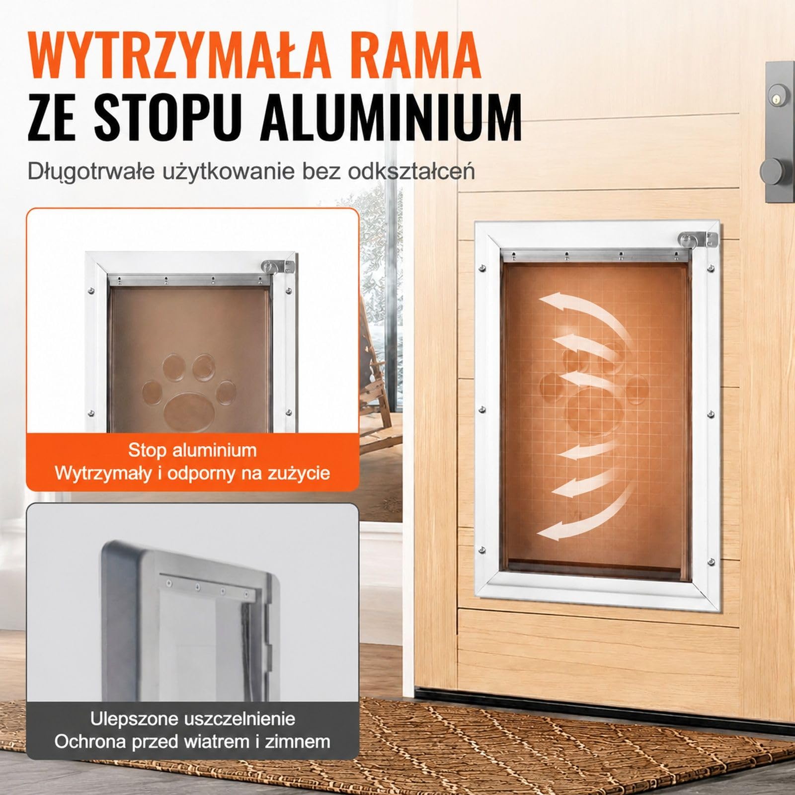 Klapka dla zwierząt dla kota i psa, aluminiowa rama, magnetyczny system klapy, biała, do montażu w drzwiach