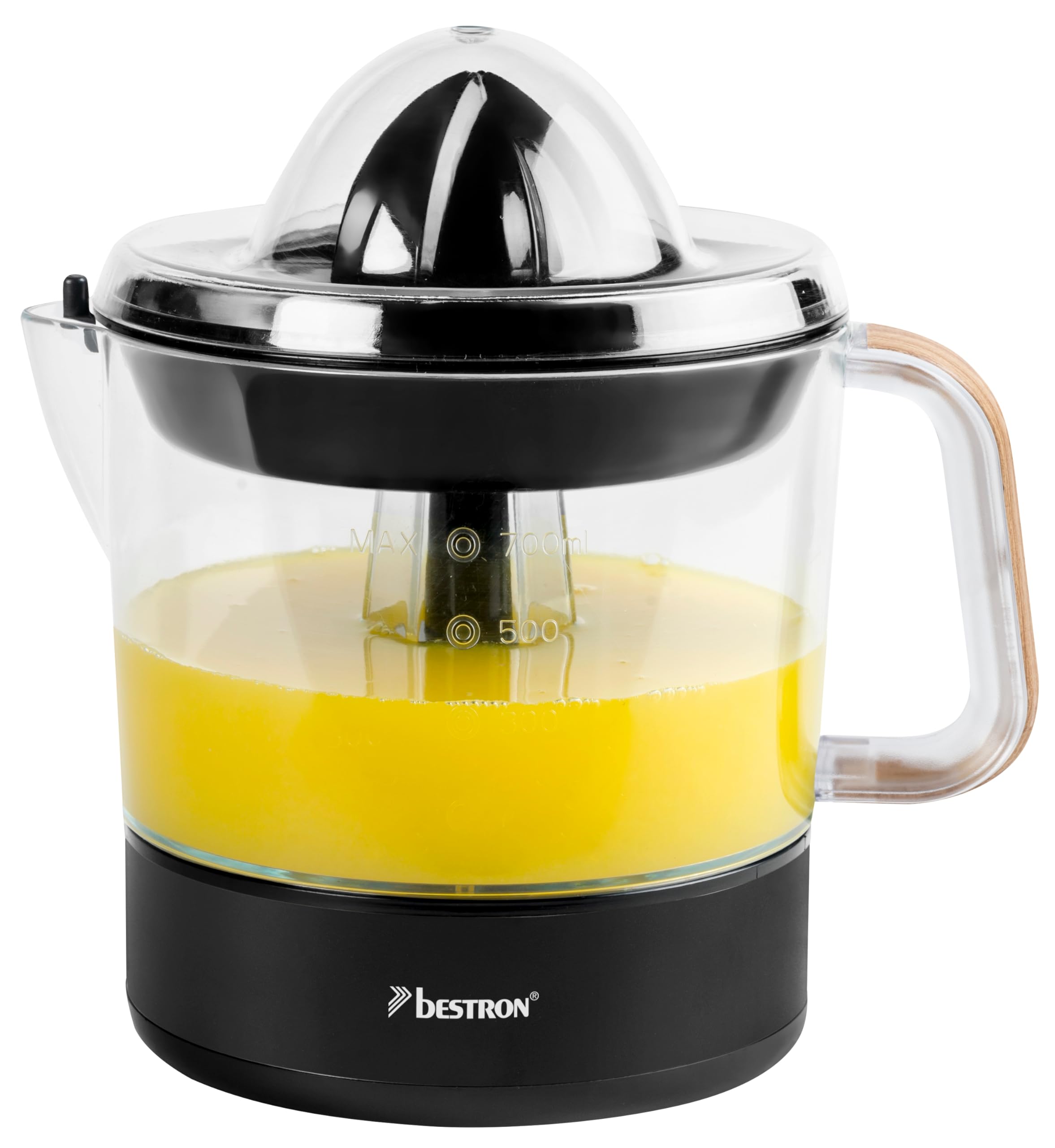 Bestron Spremiagrumi elettrico e arancia, con 2 coni di pressione e coperchio dell'aroma, motore con due direzioni di rotazione (sinistra/destra), capacità: 0,7 litri, collezione Black & Wood, colore: