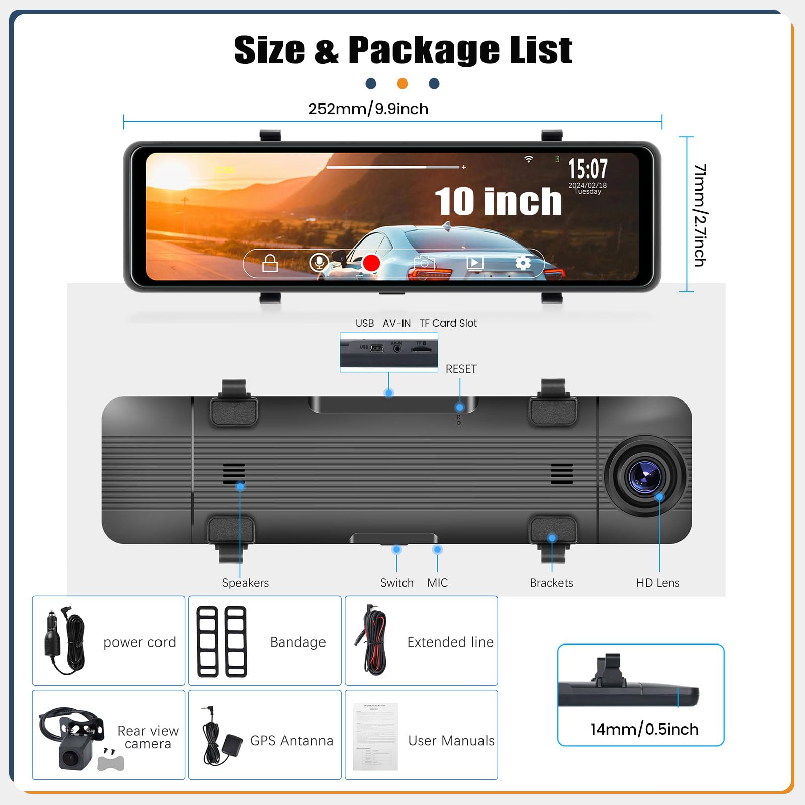 SIXTOP Dash Cam 10 Pulgadas, Espejo Inteligente para Coche con GPS/Cámara Doble Panel/Visión Nocturna/Tarjeta 64G+Cámara de visión trasera
