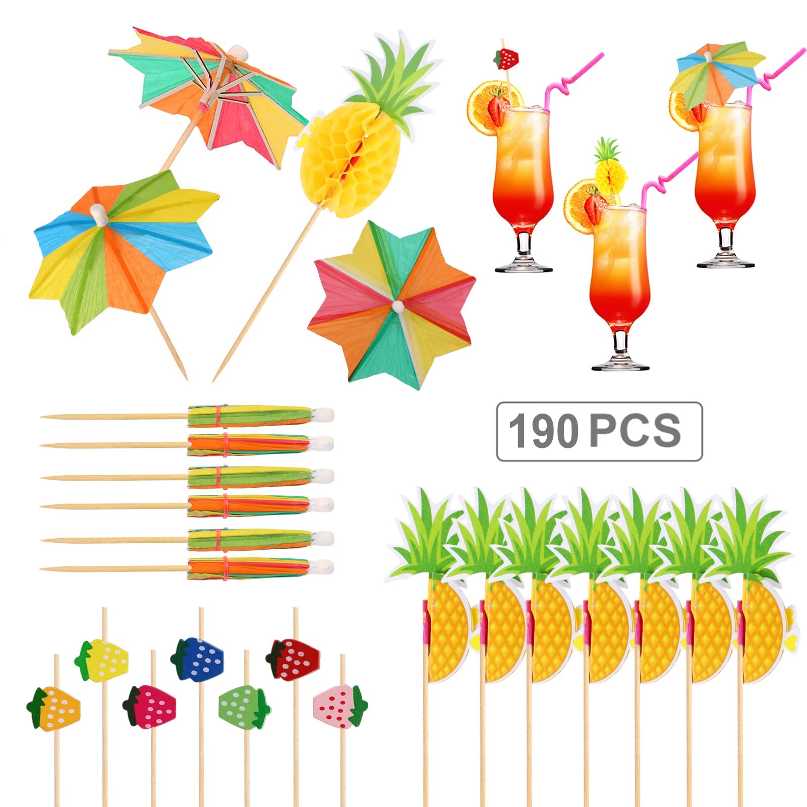 OOTSR190pcs Bamboo Cocktail Umbrellas Picks for Hawaiian Beach Fruit Pineapple Cocktail Toothpicks for Party Appetizer Drink Martini Food Supplies Birthday Cake Party Snack Decorative