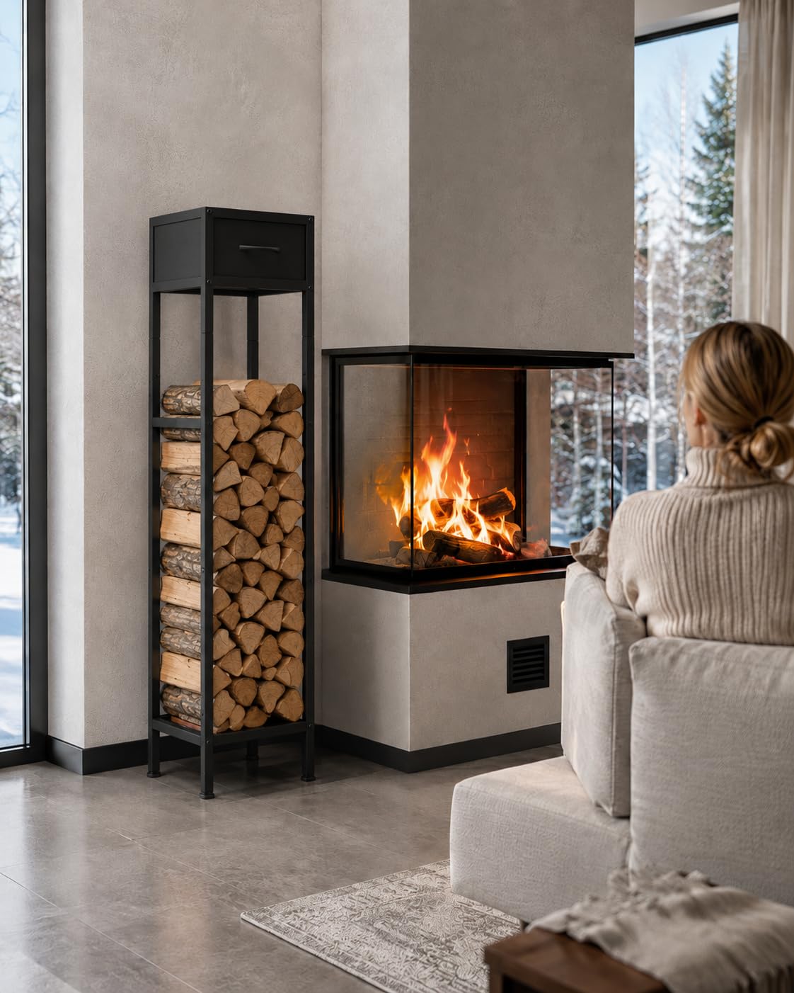 Kaminholzregal Innen mit Schuhblade Höhen Verstellbar Metall 32.8x32x181cm