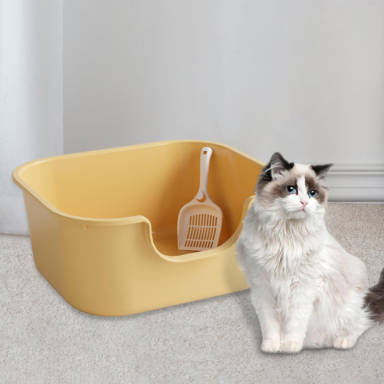 Katzenstreu Schale Offene Katzentoilette mit Hohen Seiten Katzenstreu Behälter U-Form Sand Kiste aus Robustem PP für Katzen Kätzchen Kaninchen, Gelb