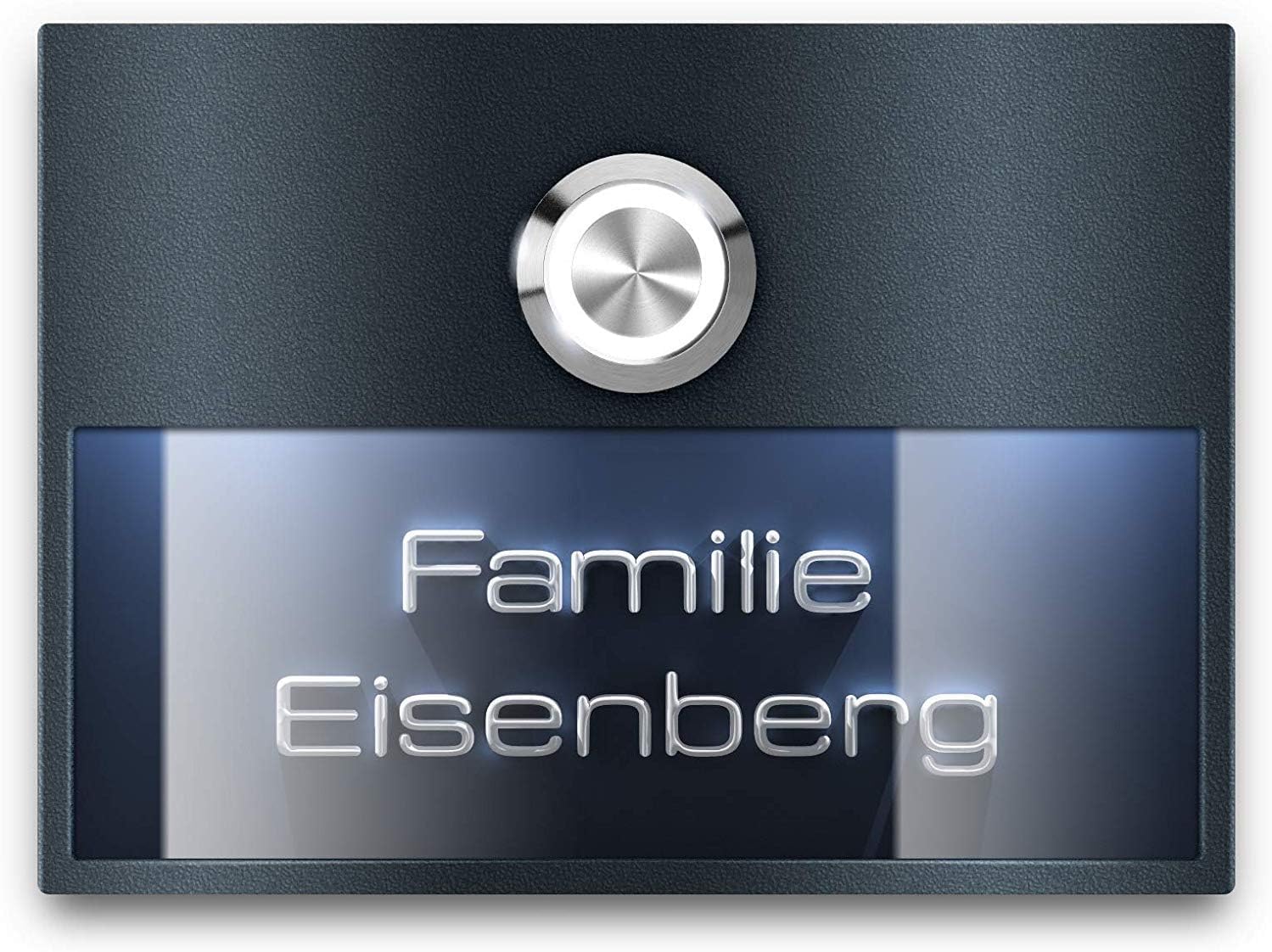 Metzler campanello esterno inox LED con incisione 3D antracite RAL 7016 IP67 montaggio flessibile placca acrilico antigraffio facile installazione 10 anni disponibilità ricambi visibilità notturna