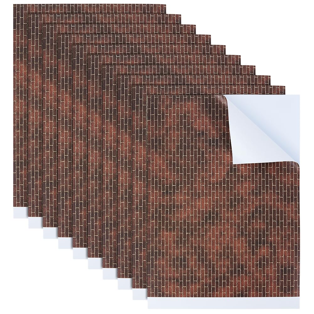 BENECREAT 10Pcs Self Adhesive Coated Paper for Miniature Scenery Model, 30x21cm/11.8x8.3 Inch Diorama Supplies Stickers for Miniature Village Roads Streets Brick Mat (White Brick Pattern)