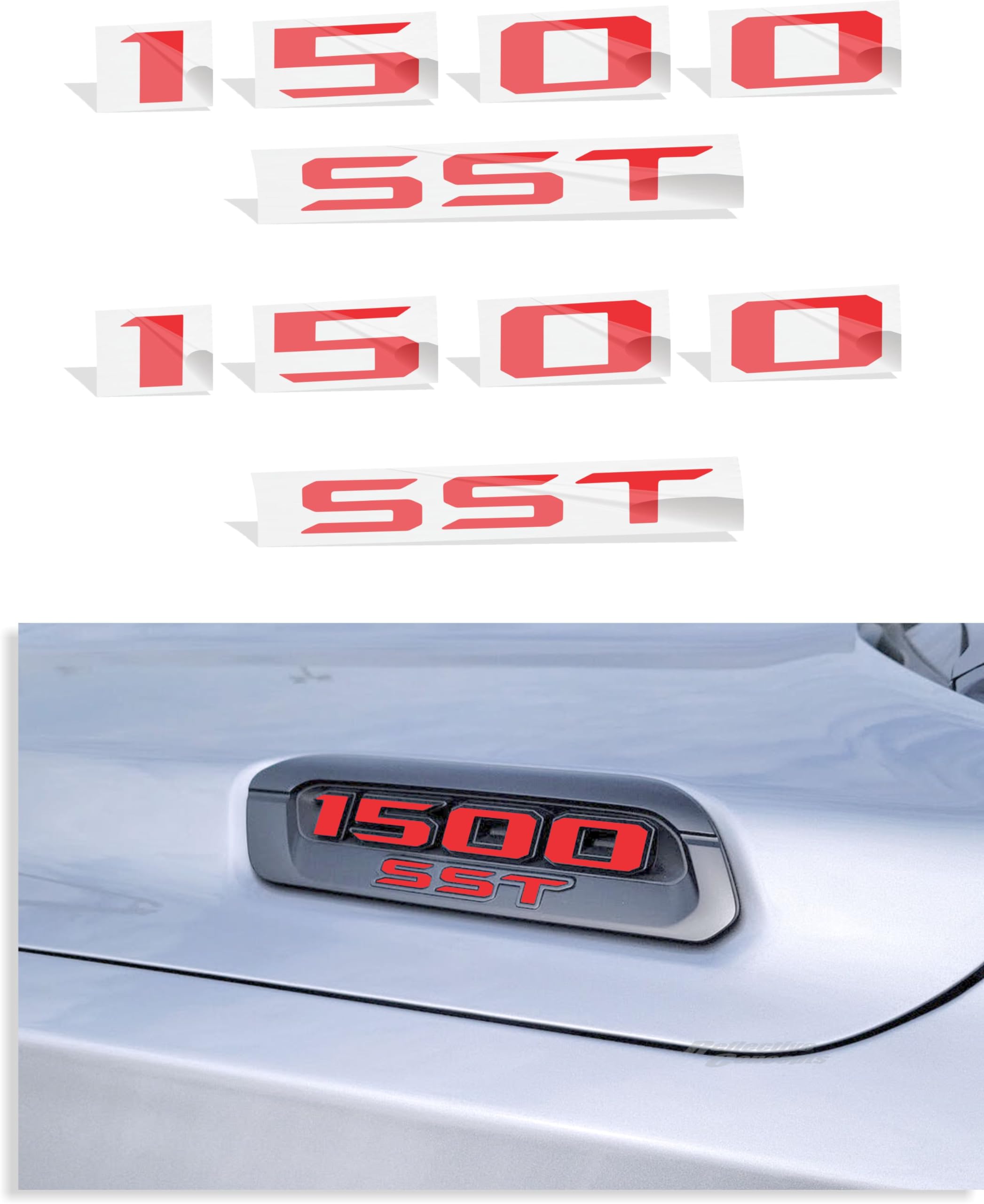 1500 SST Hood Emblem Overlay Decal Stickers - 2025 Ram 1500 Bighorn, Laramie and Warlock w/3.0 I6 Hurricane (Color: Gloss Red)