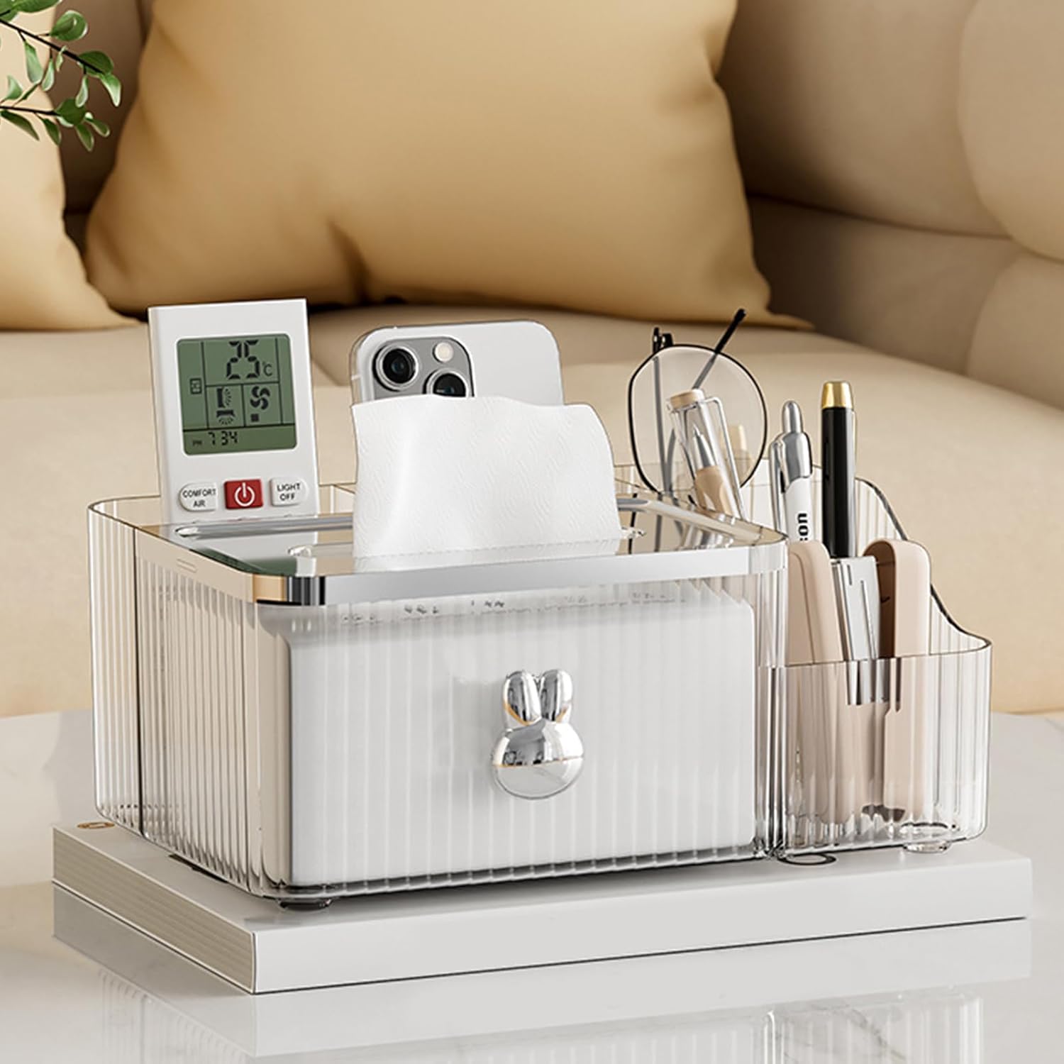 Household Tissue Box Holder with 5 Compartment, Desktop Storage Box Pen Holder Cosmetic Display Cases Makeup Organizers for Office Home (Transparent)