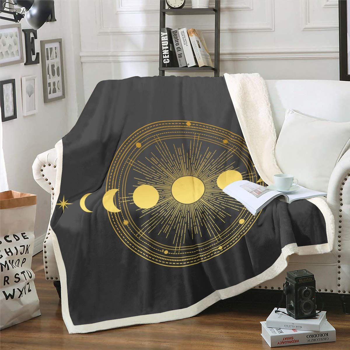 Coperta In Pile E Sherpa Loussiesd – Tribale Boho Con Sole, Luna E Stelle, 127x152 Cm, Reversibile, Per Divano E Letto