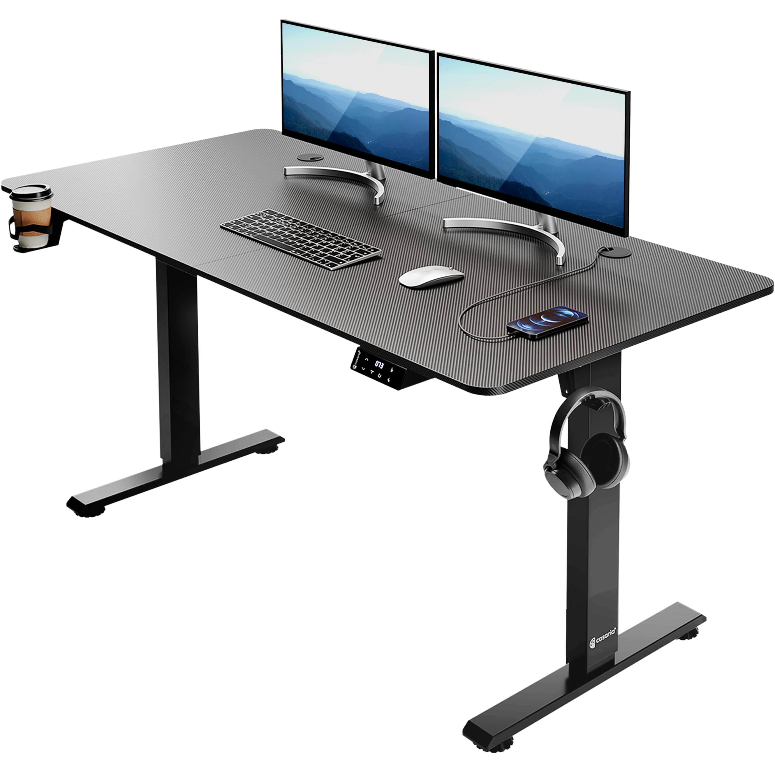 CASARIA® Escritorio Ajustable en Altura Acero Función Memoria 140x60cm Pantalla LCD Mesa Gaming Ergonómica Oficina