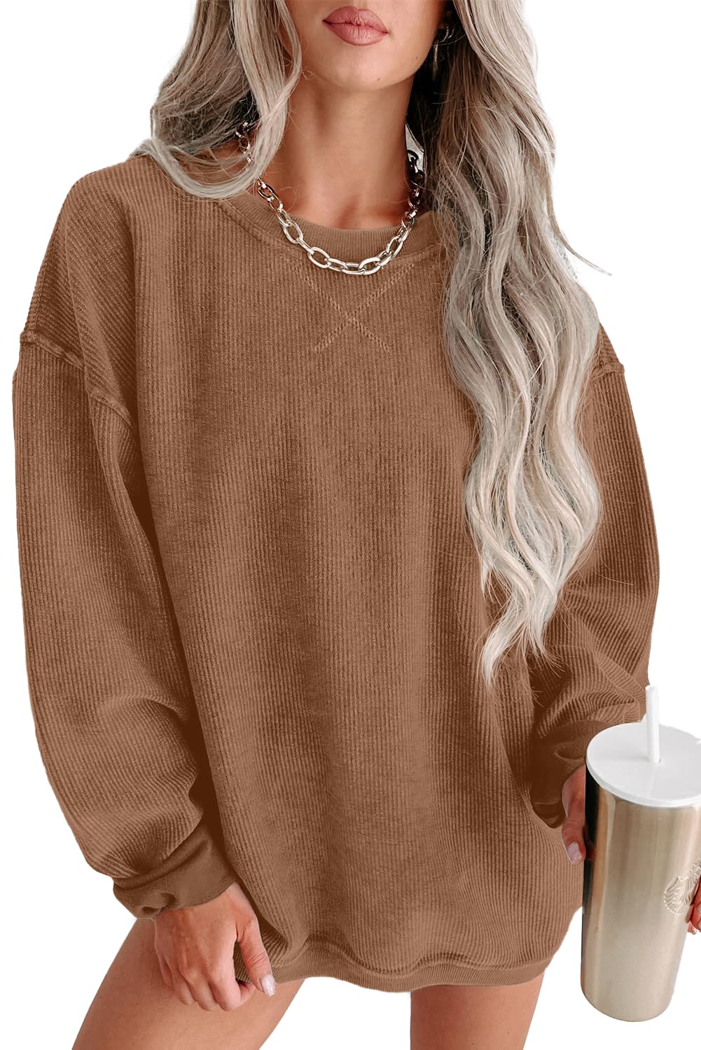 QIXING Damen Sweatshirt Oversize Pullover Rundhals Baumwollpullover Langarm Cordpullover Tops Herbst Mode Outfits 2025