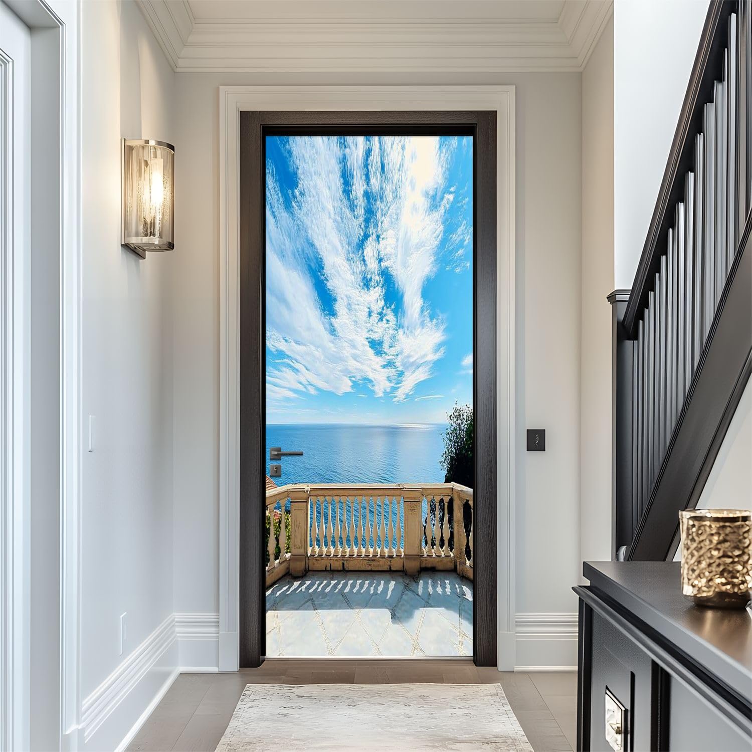 Door Sticker Decals 3D View from Balcony Under Cloudy Sky Door Sticker Murals Peel and Stick Door Wallpaper Self-Adhesive Door Poster for Bedroom