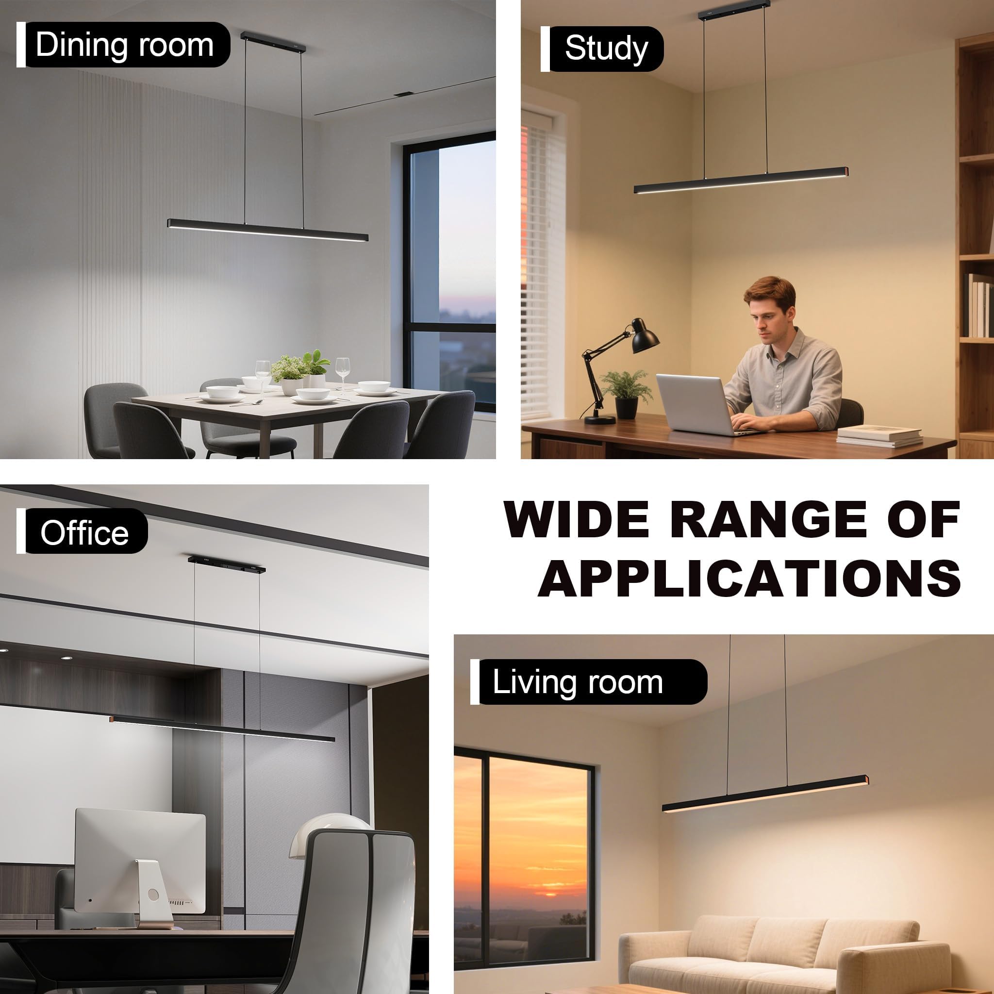 FIVMEN Hängelampe Pendelleuchte Esstisch 48W Esszimmerlampe Hängend Höhenverstellbar Moderne LED Hängeleuchte Schwarz Esstischlampe Dimmbar für Esszimmer Wohnzimmer Küche, 120cm
