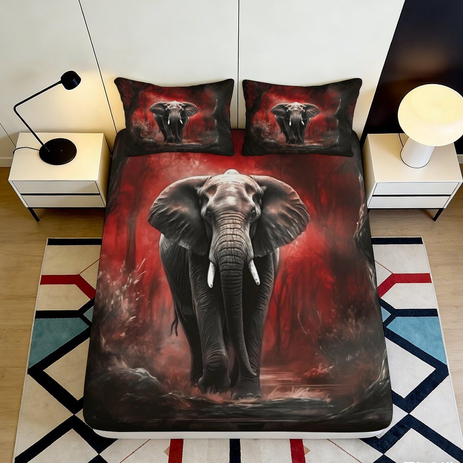 3D Printed Majestic Elephant Fitted Sheet Microfiber Red Forest Bed Cover Non Slip Washable for Bedroom Guestroom 90x200x25cm