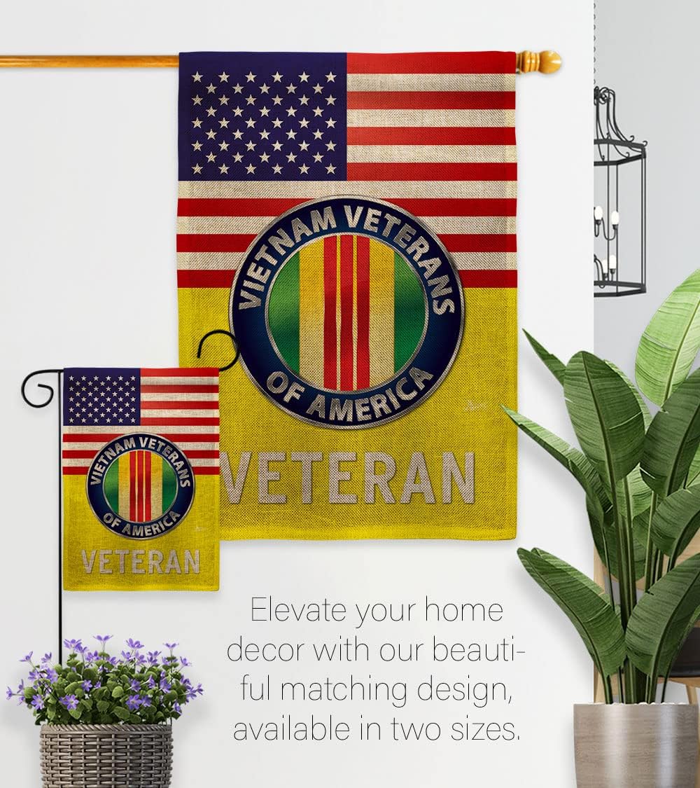 US Vietnam War Burlap Garden Flag - Set with Stand Armed Forces Military Service All Branches Support Honor United State American Veteran Official - House Yard Rememberance Veterans Day Gifts