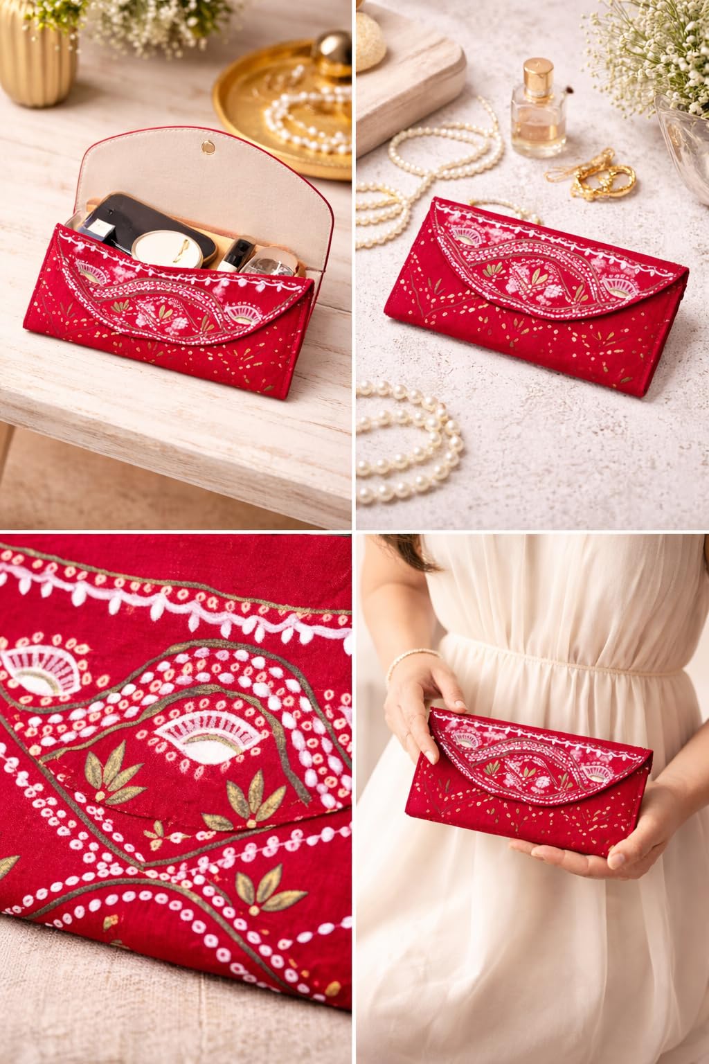 Red Silk Money Cover | Hand-Painted Wave & Leaf Motif Cash Envelope for Weddings, Shagun & Festive Gifting - Reusable Traditional Silk Envelope 3