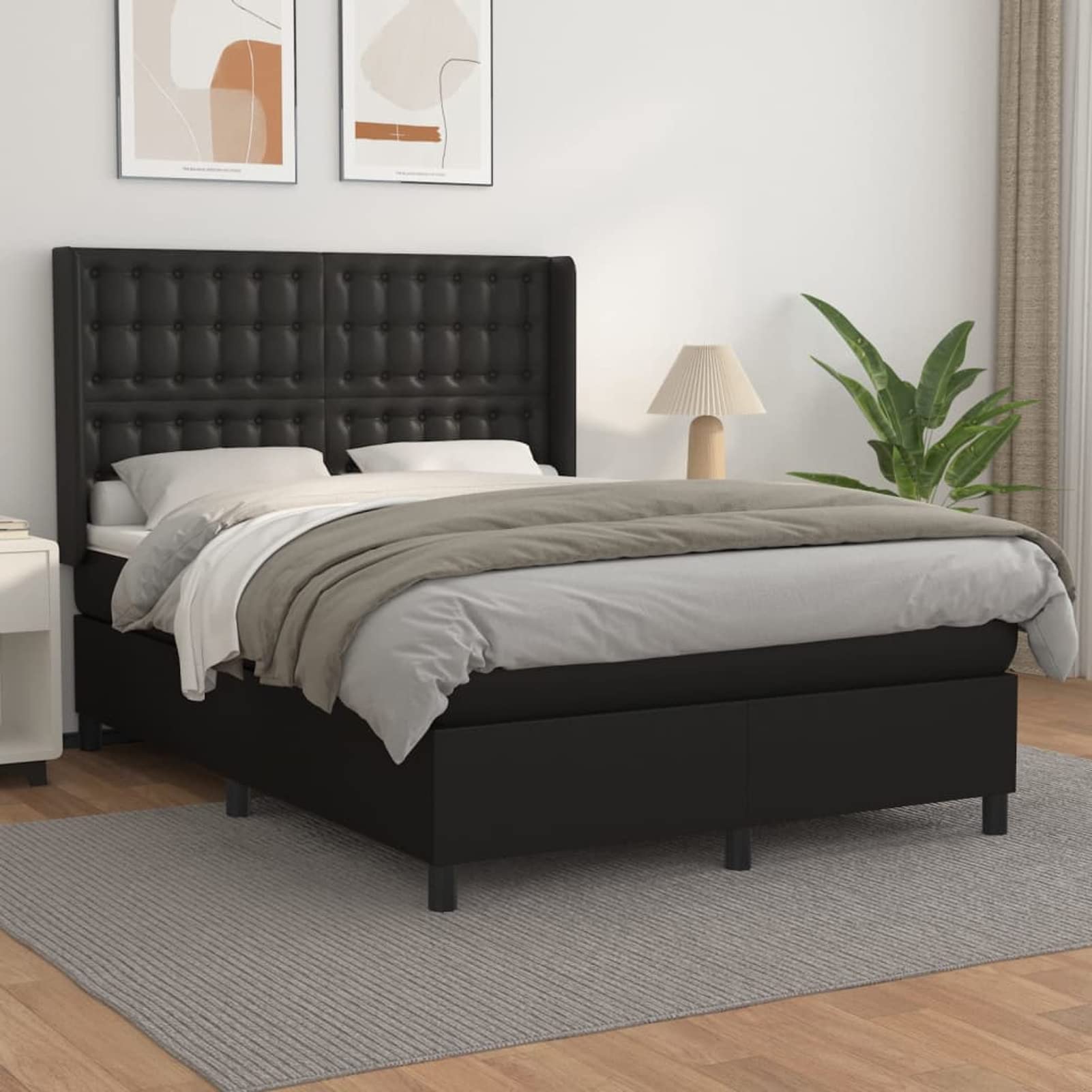 LAPOOH Lit à sommier tapissier avec Matelas Noir 140x190 cm Similicuir,Sommier Tapissier,Sommier À Lattes,Sommier avec Pieds
