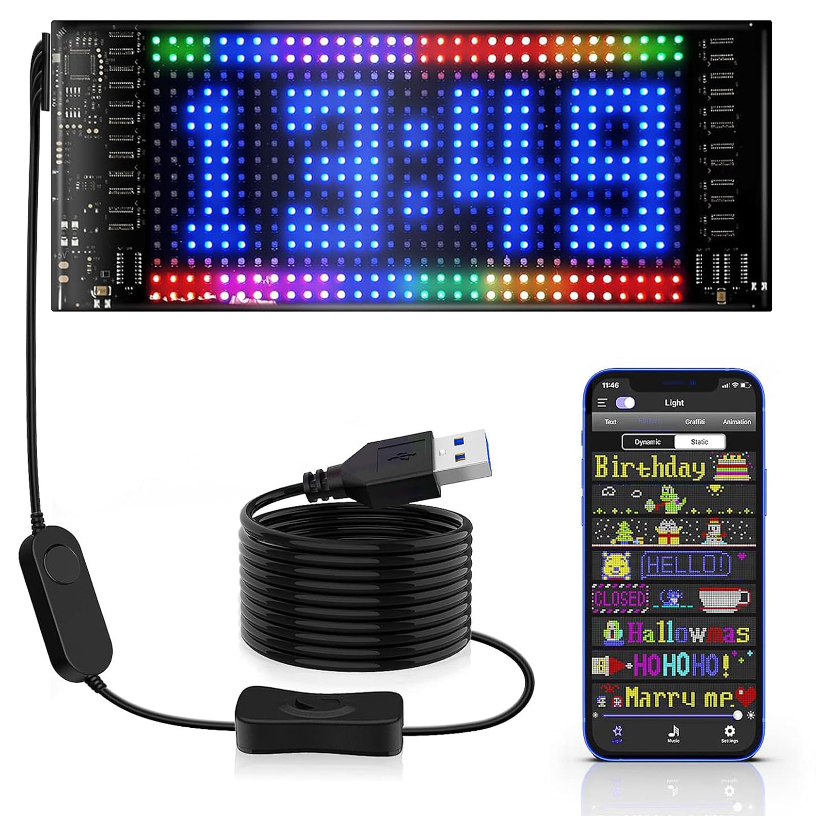 Car Windshield LED Sign - Programmable Scrolling Flexible LED Screen, APP-Controlled Digital Display for DIY Patterns & Animations, Suitable for Advertising/Signs/Vehicles (3" x 7")