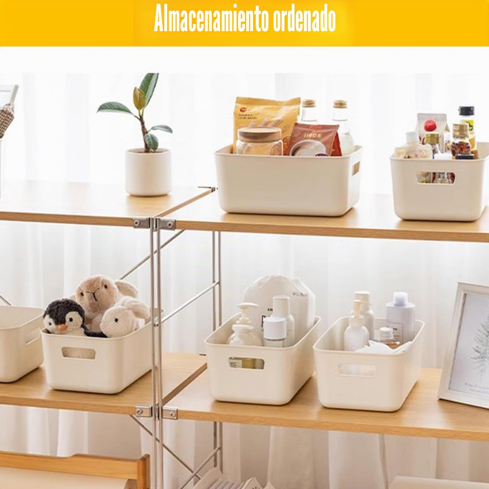 SHUESS 10 cajas de almacenamiento de plástico, 30 x 20 x 12,5 cm, grandes cestas blancas, cajas de almacenamiento, cajas organizadoras de plástico con asa, caja de plástico apilable para cocina