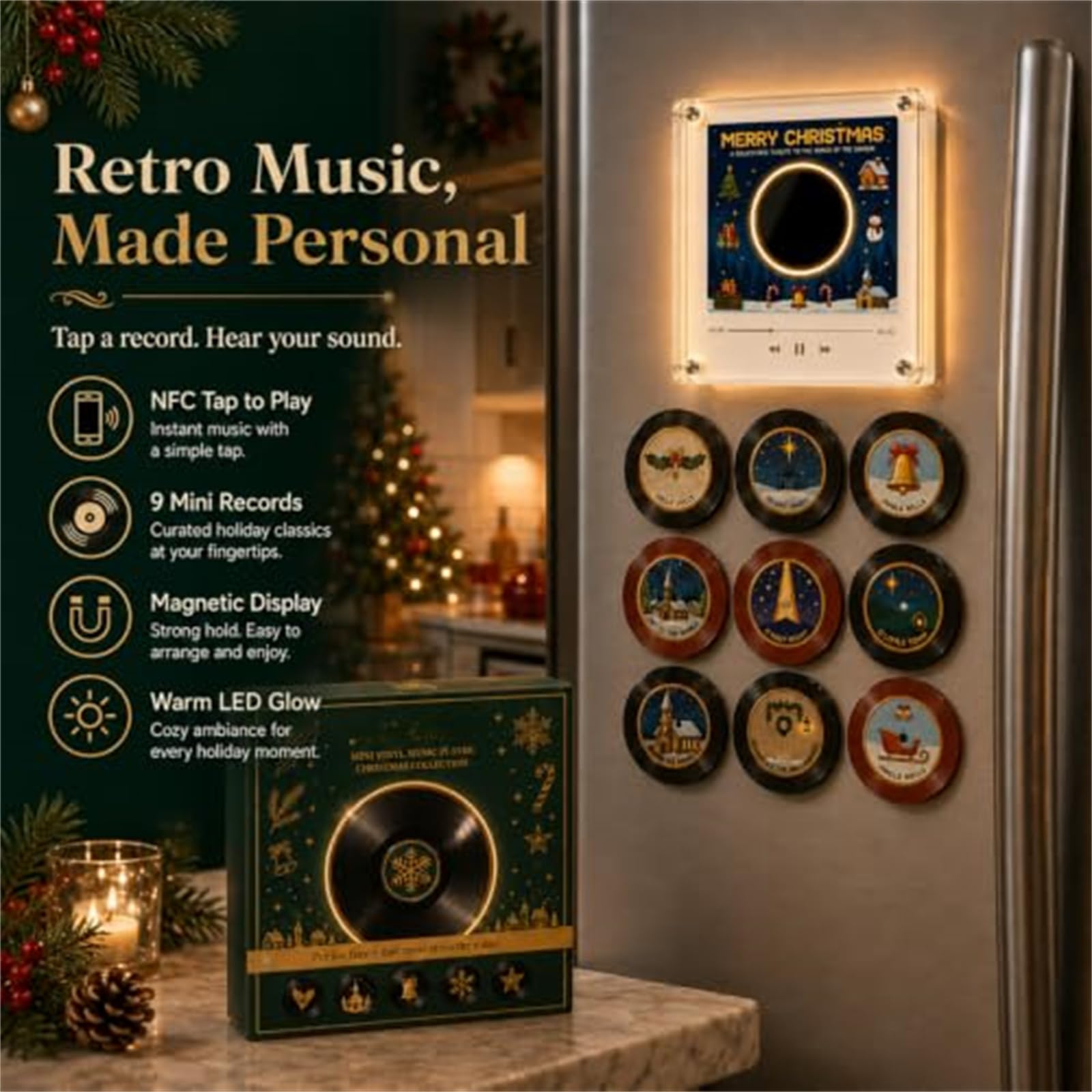 Mini Reproductor de Vinilo navideño con 9 Discos, imán para Nevera (#A)