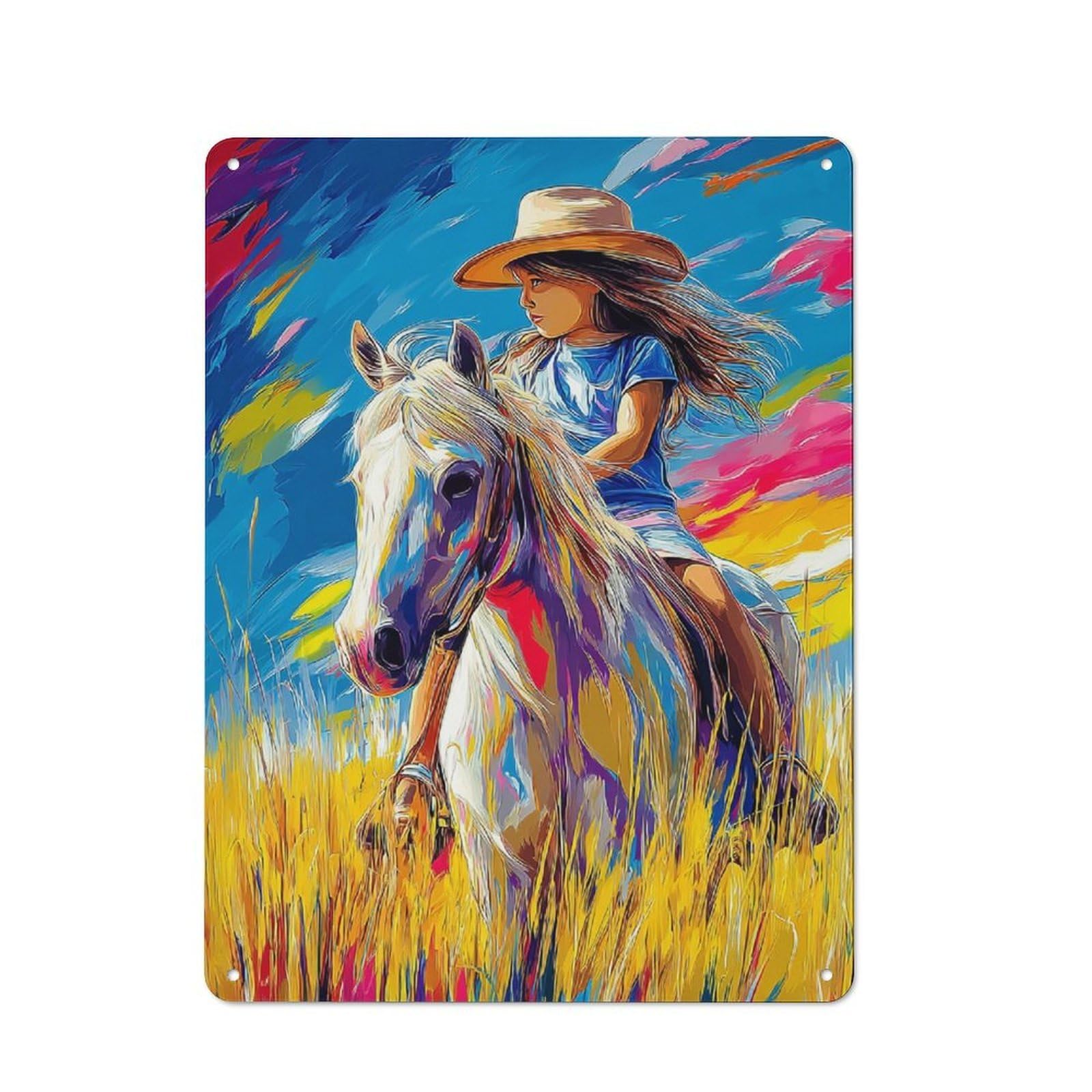Junmoney Girls Riding Horse In Field Tin Wall Plaque 40X30cm With For Café Or Restaurant, Suited To Restaurant Decor Fans