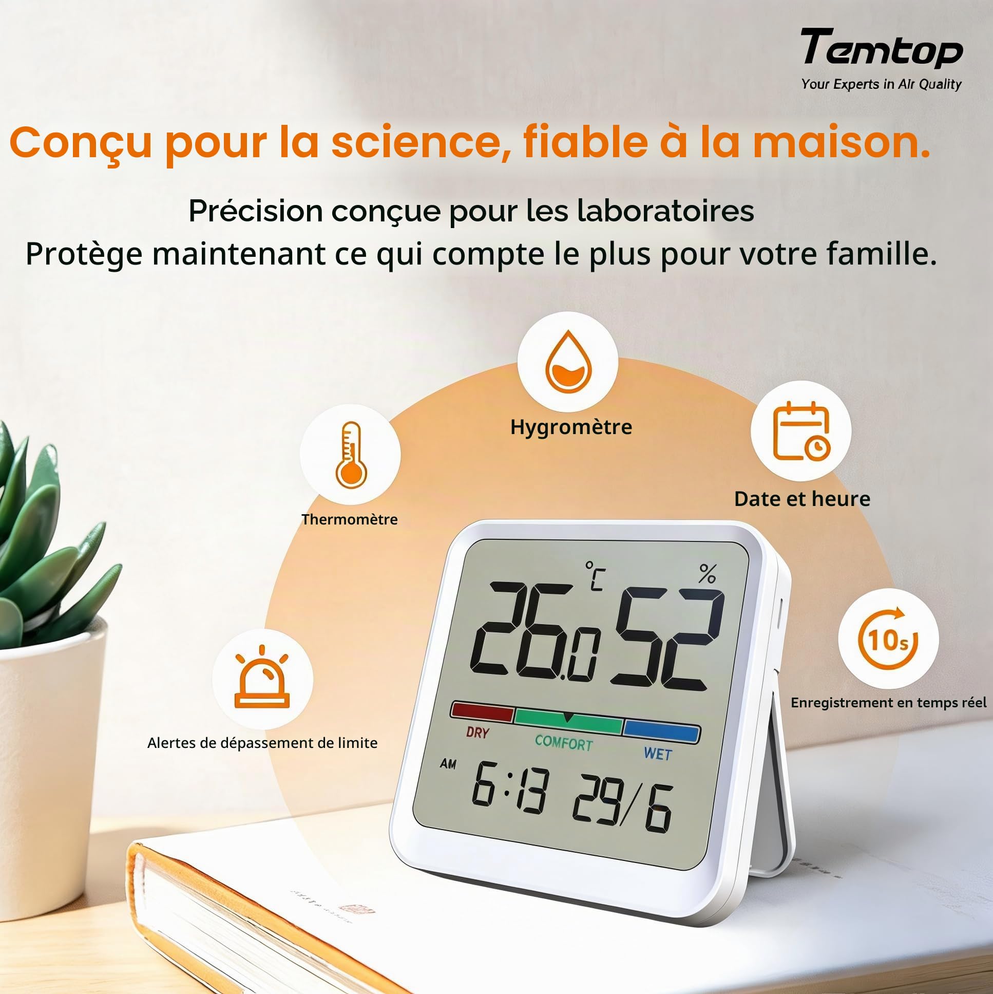 Temtop Thermomètre Hygromètre d'Intérieur Numérique T1-SE - Moniteur Température Humidité avec Affichage Heure Date Haute Précision