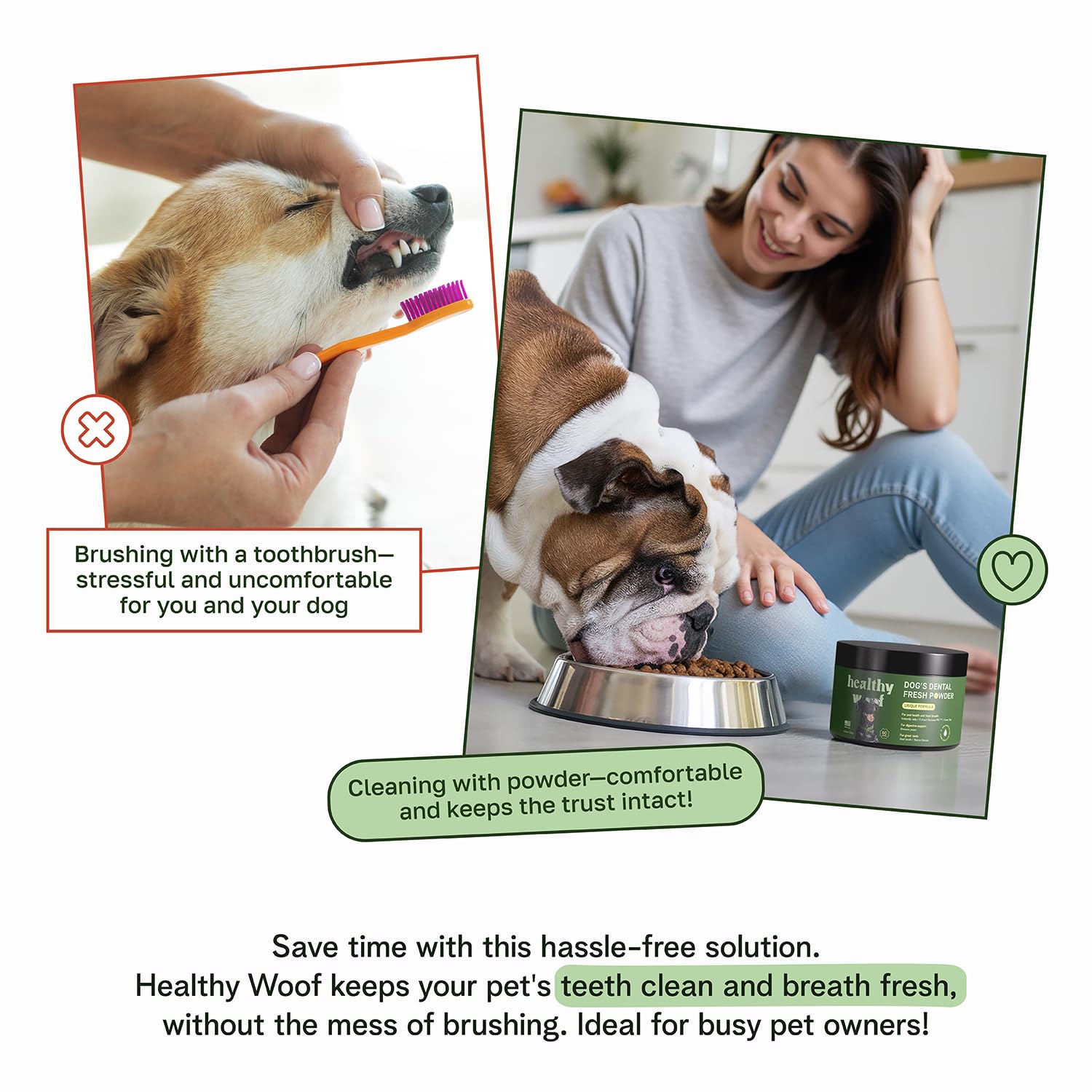 Healthy Woof Dental Powder for Dogs - Complete Oral Care Bone Broth, Dog Teeth Cleaning Powder, Tartar Remover, Fresh Breath, Sensitive Stomach Support, No Brush Dental Care, 4.2 oz, 60 Scoops