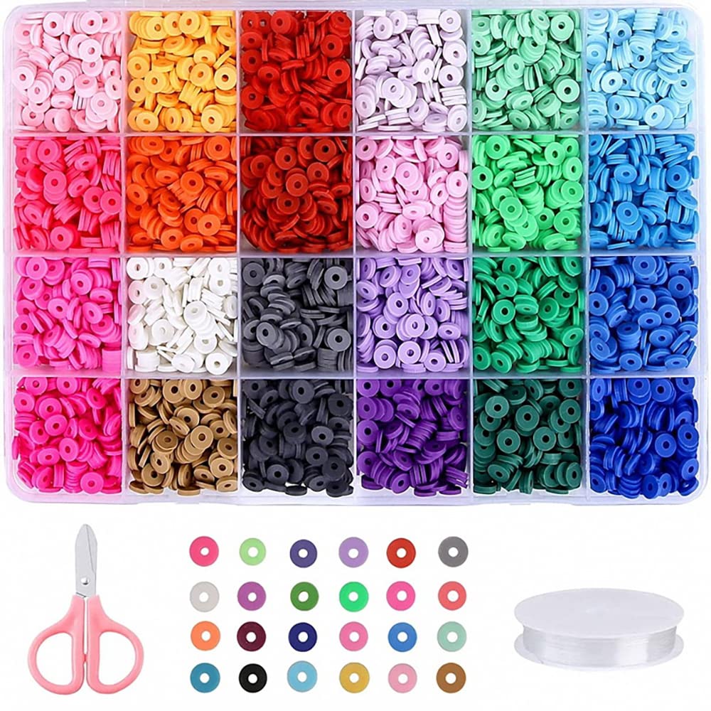ORiTi 4800 Pcs Clay Beads for Bracelets Making Kit 6mm Flat Bead Round Polymer Clay Heishi Beads Kit Disc Beads with Clear Elastic String for Earring Bracelet and Necklace Jewelry Making 24Colors