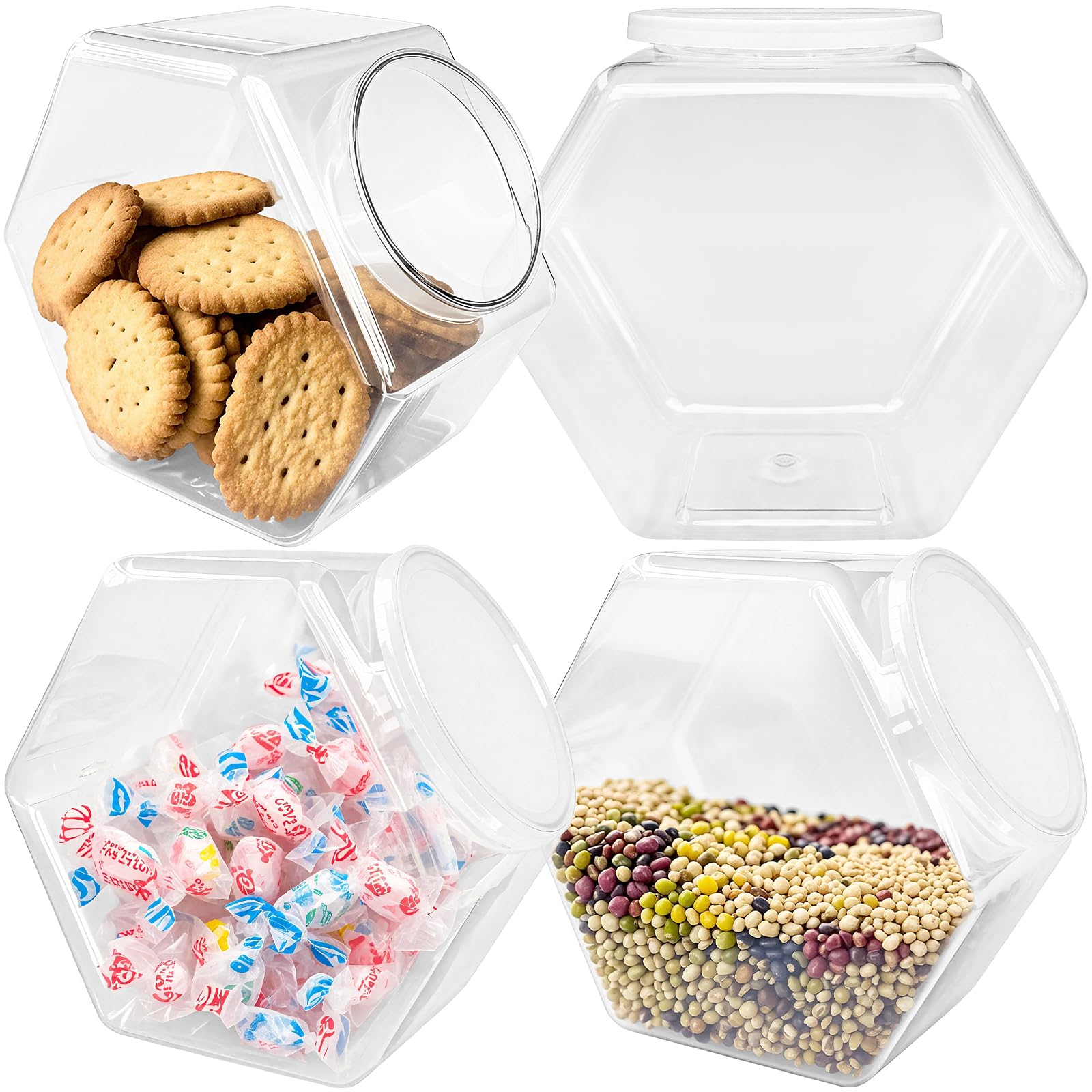 Woozettn 4 Pcs Plastic Candy Jars,71 Oz Clear Plastic Cookie Jars,Hexagonal Candy Containers with Lids for Kitchen,Dry Food,Candy,Dog Food,Cookies,Coffee Pod,Laundry Pod