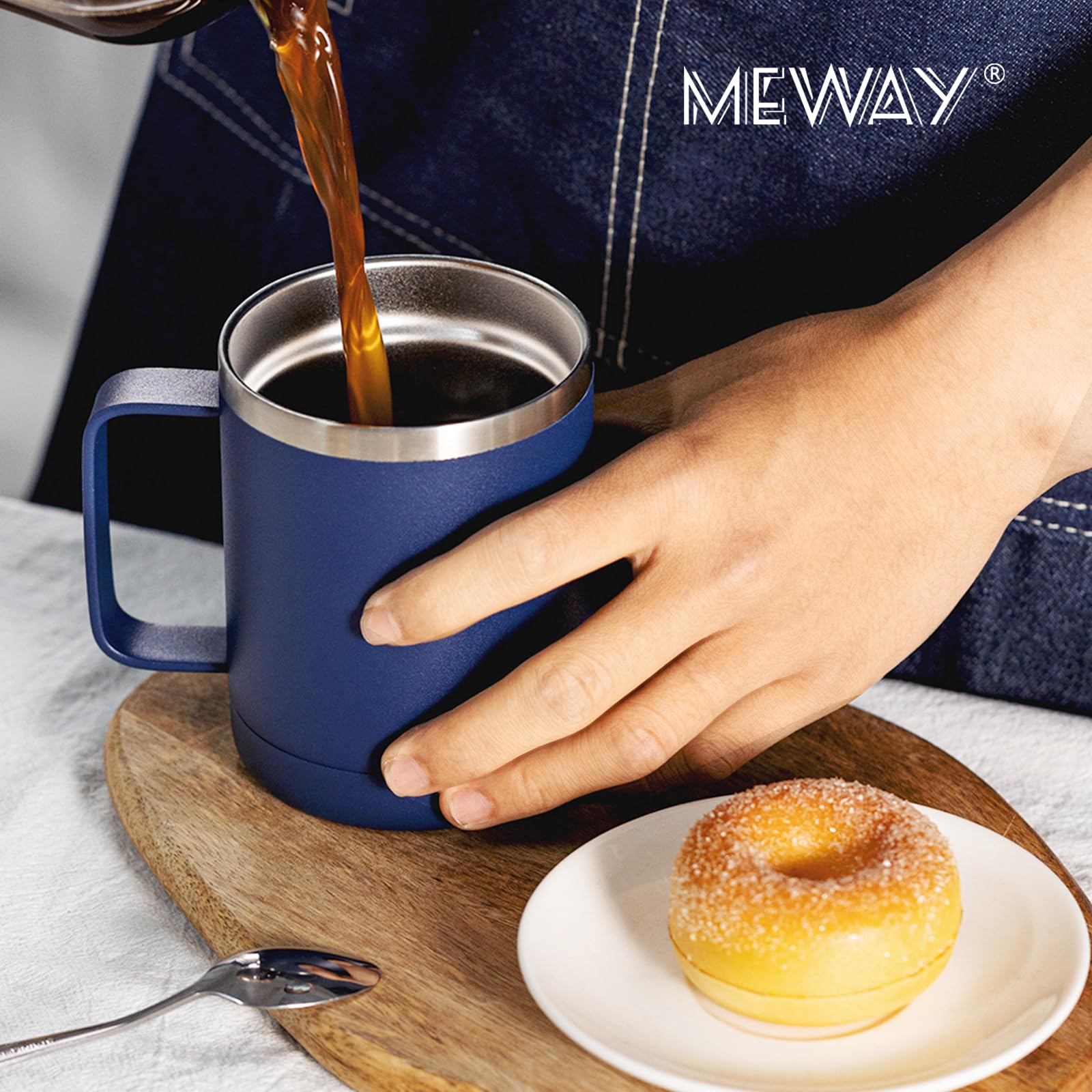 MEWAY Kubek do kawy 350 ml z uchwytem, 4 sztuki, izolowane kubki podróżne ze stali nierdzewnej z przesuwaną pokrywką, próżniowy kubek kempingowy z podwójną ścianką do gorących i zimnych napojów herbaty (granatowy, zestaw 4 szt.)