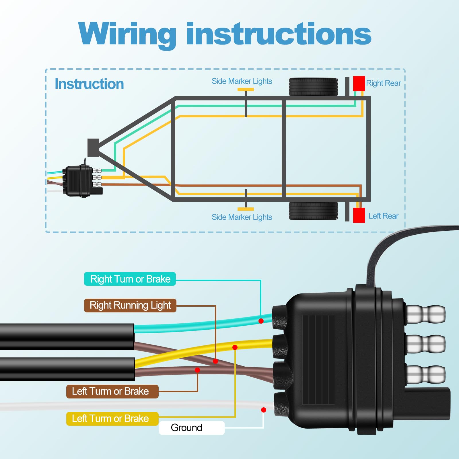 4 Pin 5 Wire Trailer Wiring Harness Kit - 22FT Nylon Protected Copper Wire Trailer Light Wiring With Waterproof Cover