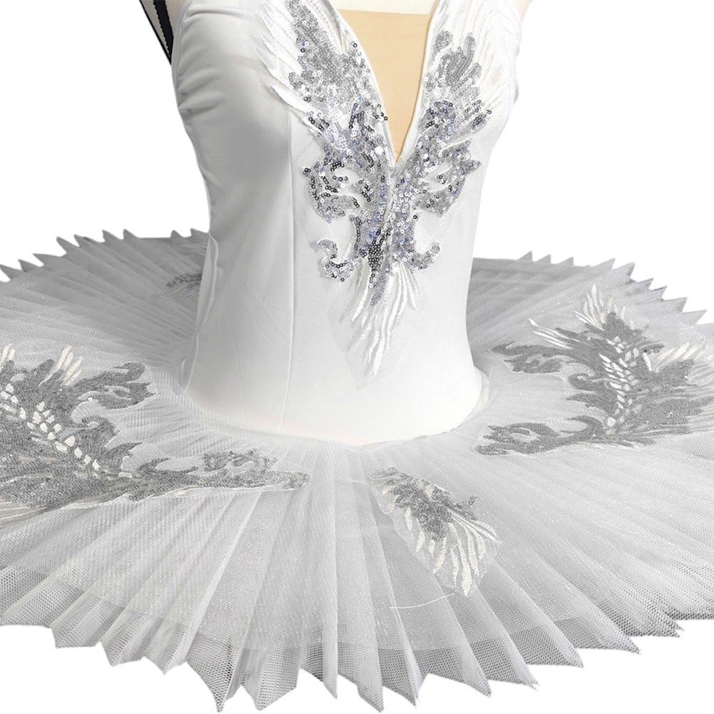 Abito Ballo, Costume Ballo del Lago dei Cigni, Body Balletto con Ricami di Paillettes, Gonna Balletto, Abito tutù a Pancake, Abbigliamento Ballo.