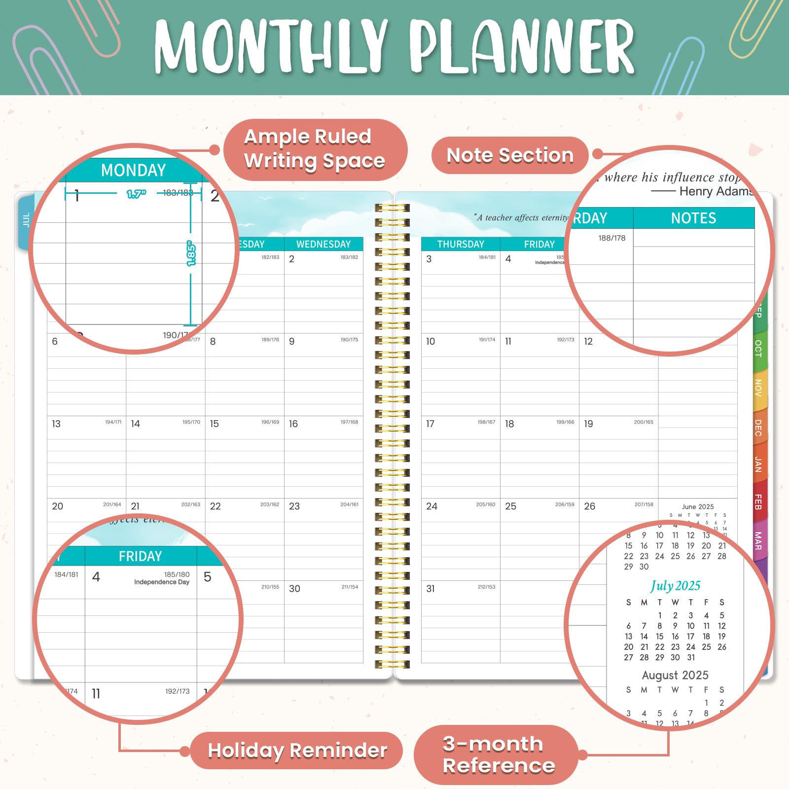 Teacher Planner 2025-2026 - Teacher Lesson Planners 2025-2026 from July 2025- June 2026, Academic Planner for School Year with Colorful Tabs and Inner Pocket, 8.5" x 11" - Image 4
