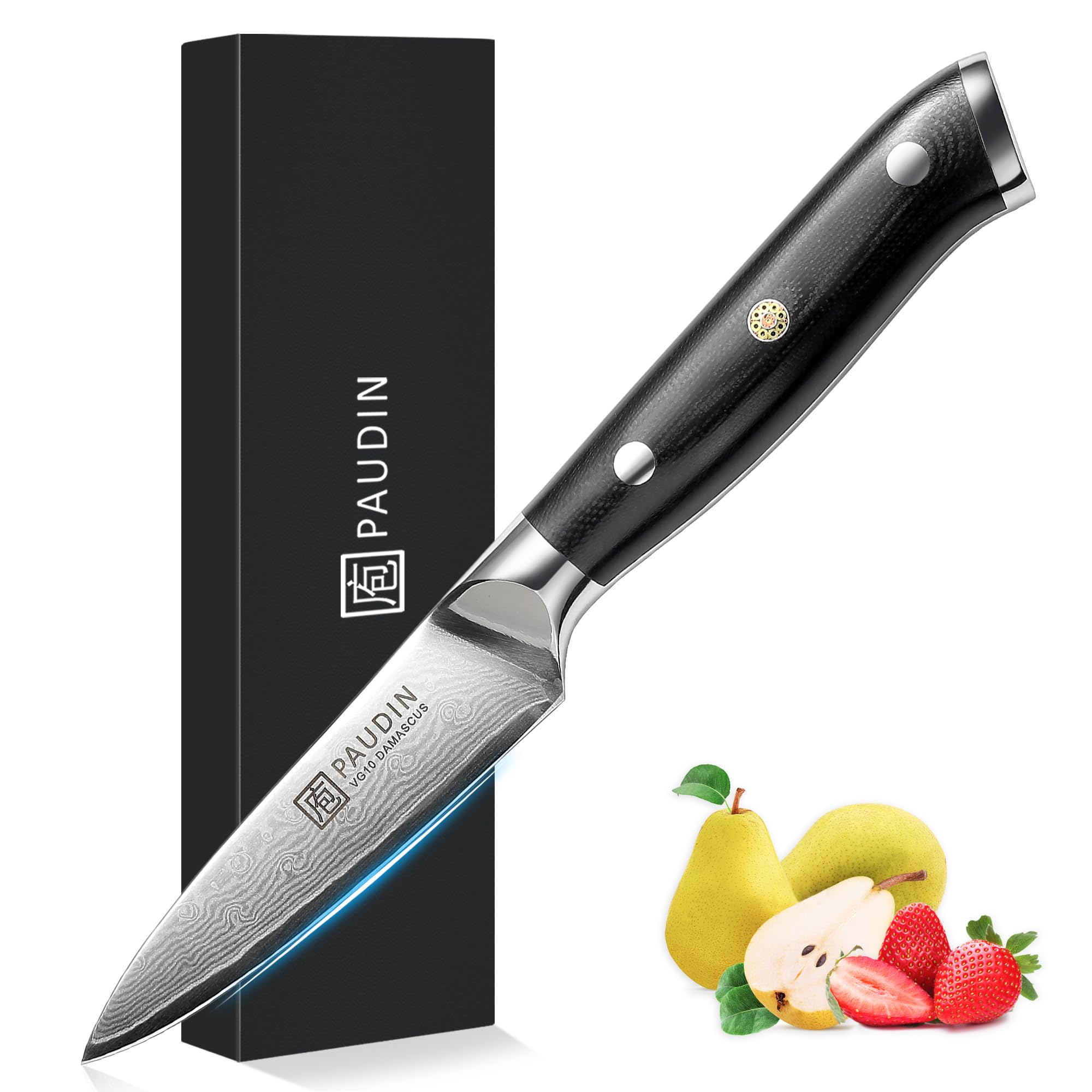 PAUDIN Damastmesser 9 cm – Gemüsemesser Schälmesser Obstmesser – VG10 Profi-Küchenmesser mit schwarzem ergonomischem G10-Griff