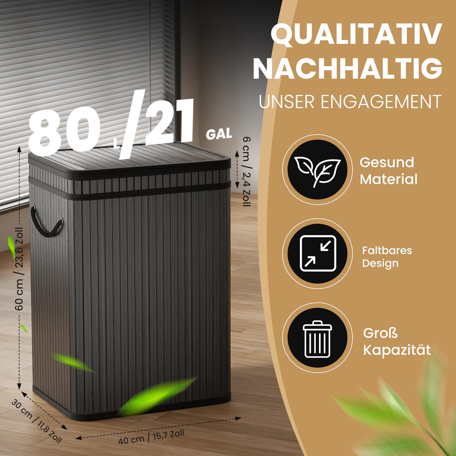 Mihoho 80 liter grote vuilnisemmer met deksel, afvalmand van bamboe, outdoor vuilnisemmer/afvalemmer voor thuis, kantoor, badkamer, keuken, 40 x 30 x 60 cm, premium zwart