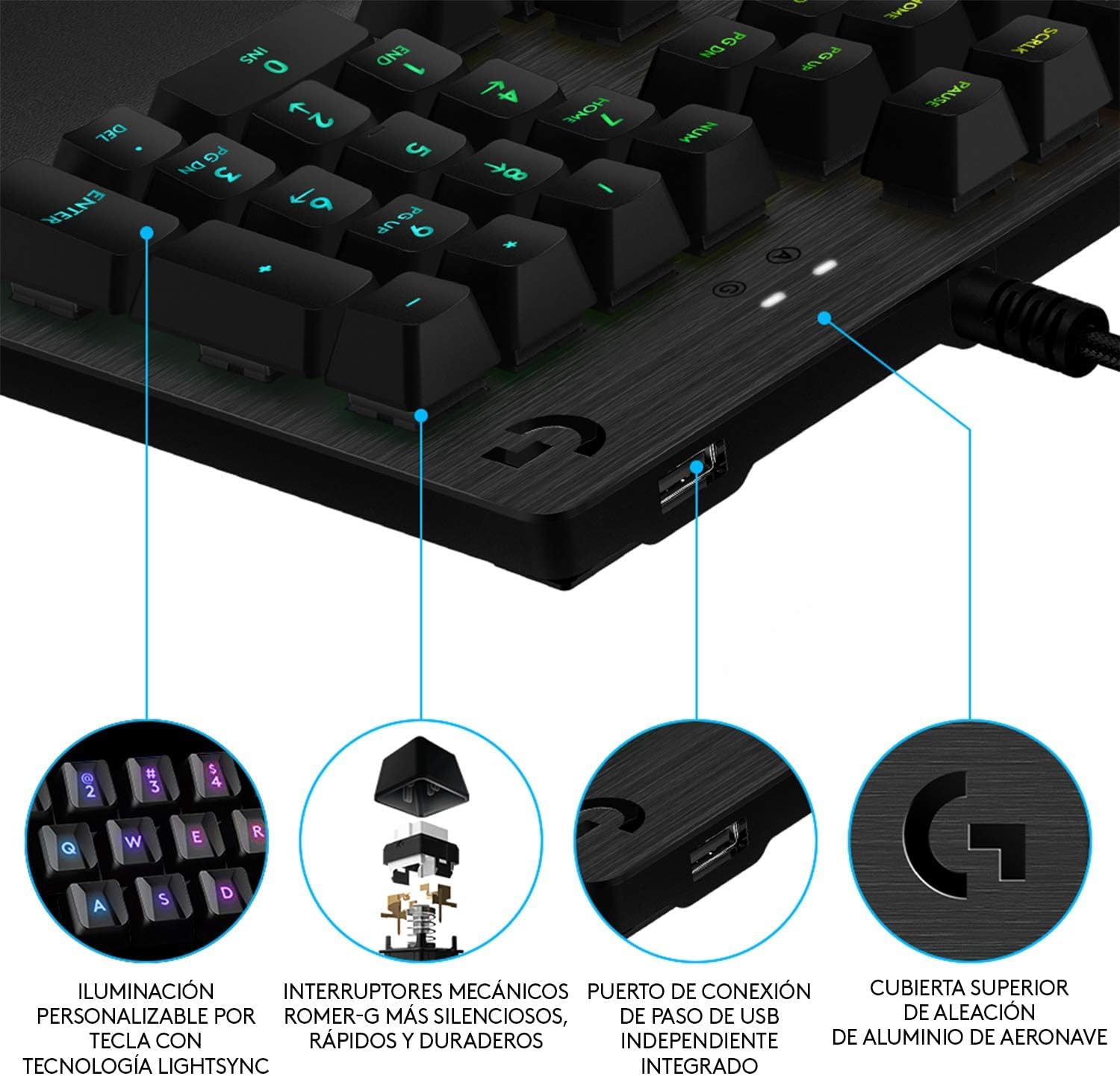 Logitech G G512 Teclado Gaming Mecánico, RGB LIGHTSYNC, Teclas retroiluminadas, GX-Táctil Marrón, Aleación de Aluminio, Teclas F Personalizables, Paso de USB, Disposición QWERTY ES - Carbón/Negro