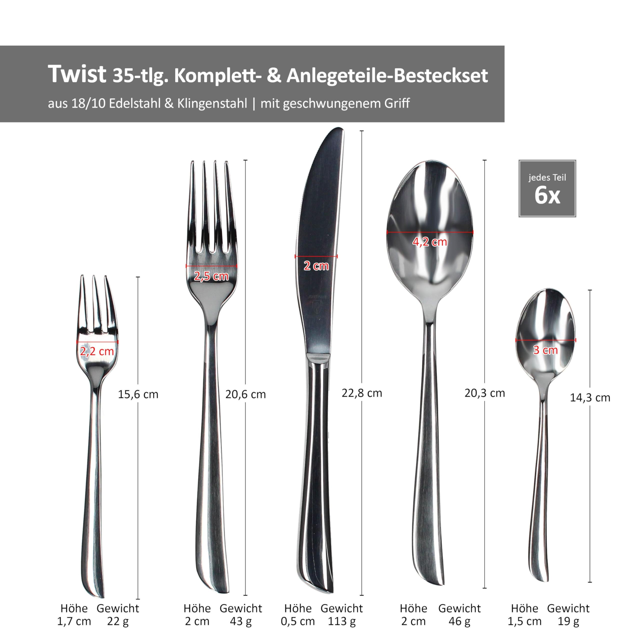Justinus Twist 35tlg Komplett-Besteck-Set inkl Anlegeteile I für 6 Personen I mit geschwungenem Griff I 18/10 Edelstahl & Klingenstahl I Gabel, Messer & Löffel I für Gastro & Zuhause