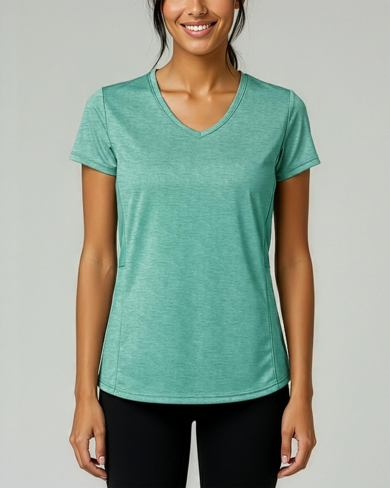 Real Essentials 5 Pack: Women's Dry Fit Short Sleeve V Neck Workout Top - Fitness Pilates Gym Athletic Yoga T-Shirt (Plus Available), Set 15, L
