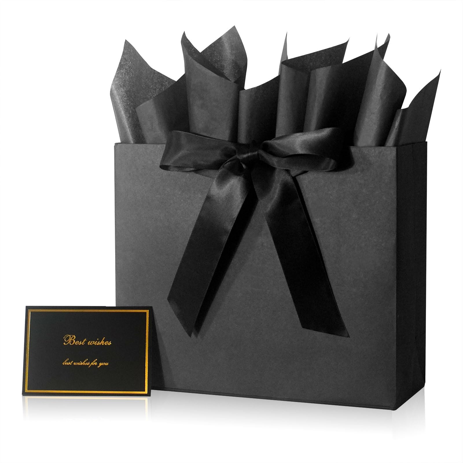 Elegant Black Gift Bag 11.8"x4.5"x9.8" with Ribbons Handles, Includes Card and Tissue for Weddings, Birthdays, Baby Shower Parties, Holidays
