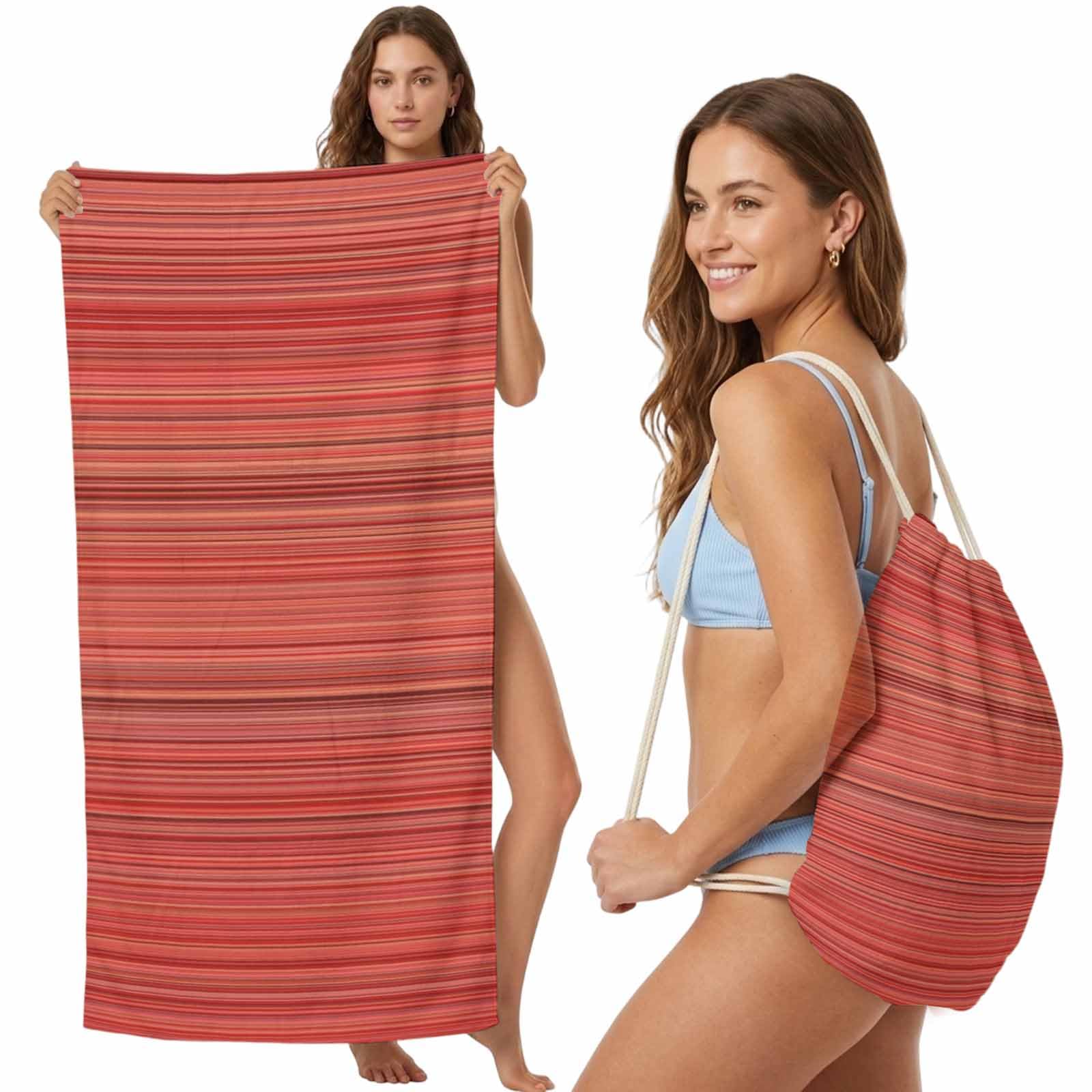 Beach Towel Bag 2 in 1 Red Lines Waves Bath Pool Towels Backpack Horizon Stripes Absorbent Beach Towel Soft Quick Dry Lightweight Packable Towels Drawstring Bag for Travel Camping Sports Yoga Picnic