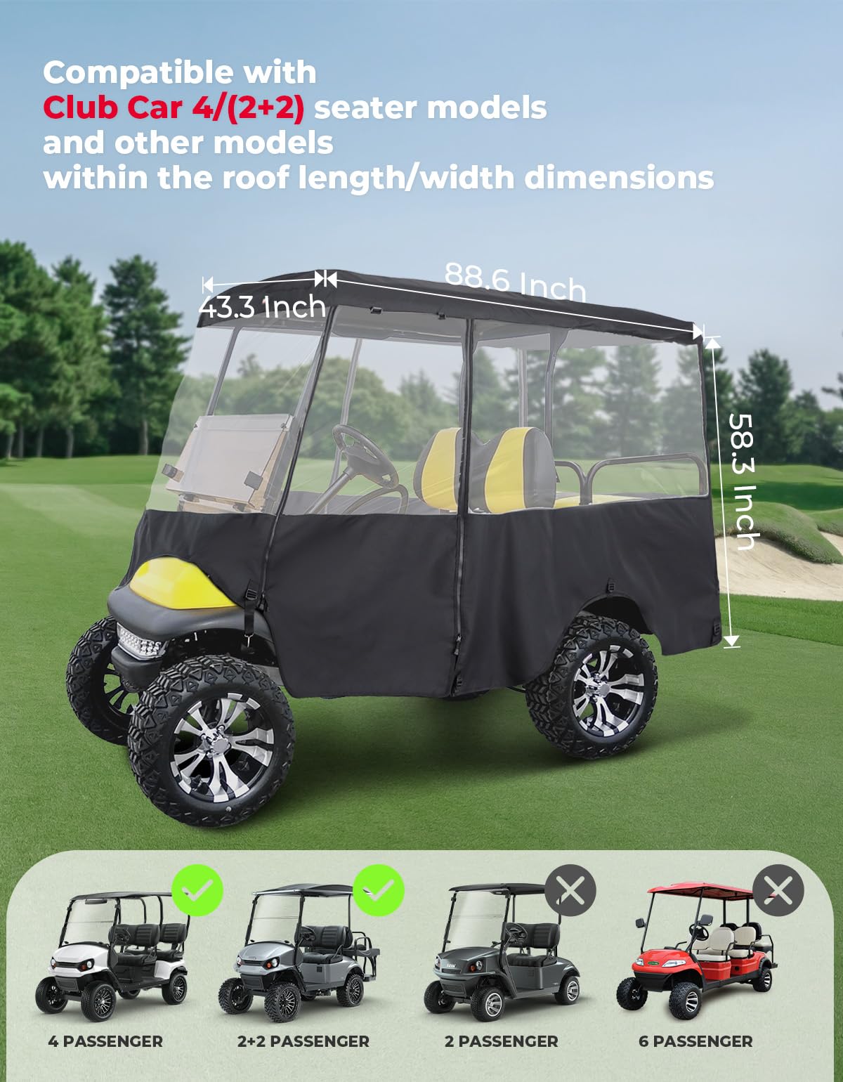 KEMIMOTO Pokrowiec na wózek golfowy 600D, pokrowiec przeciwdeszczowy dla 4 i 6 pasażerów, kabina z przezroczystą ochroną przed wiatrem z PCW, osłona przeciwdeszczowa do wózka golfowego, kompatybilna z