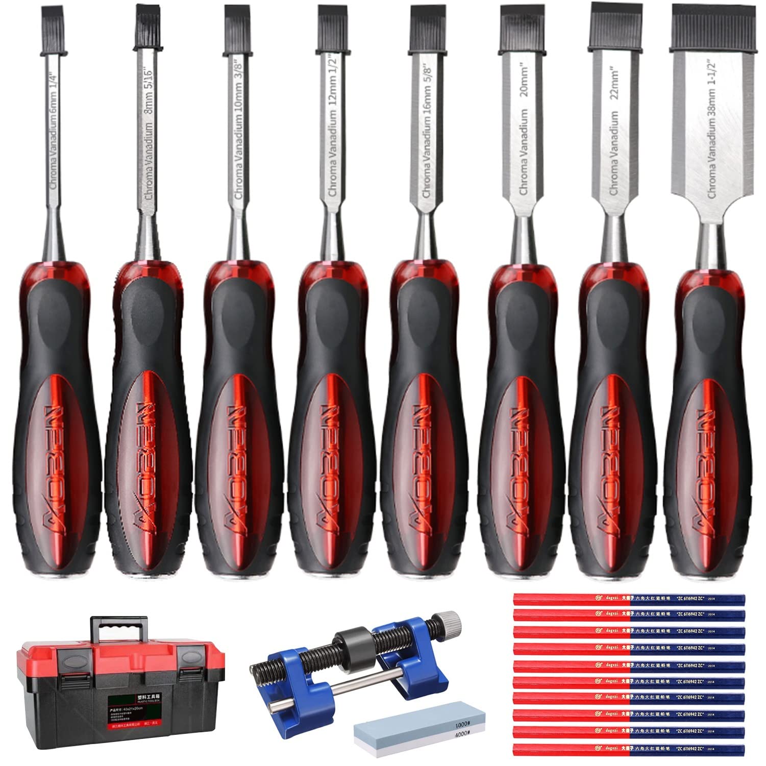 Cincel, Juego de Cinceles para Madera, Cinceles para Tallar Madera, Resistentes Hojas de Aleación Cr-V Tratadas Térmicamente, Herramientas con 8 Cinceles para Madera, 10 Lápices de Carpintero